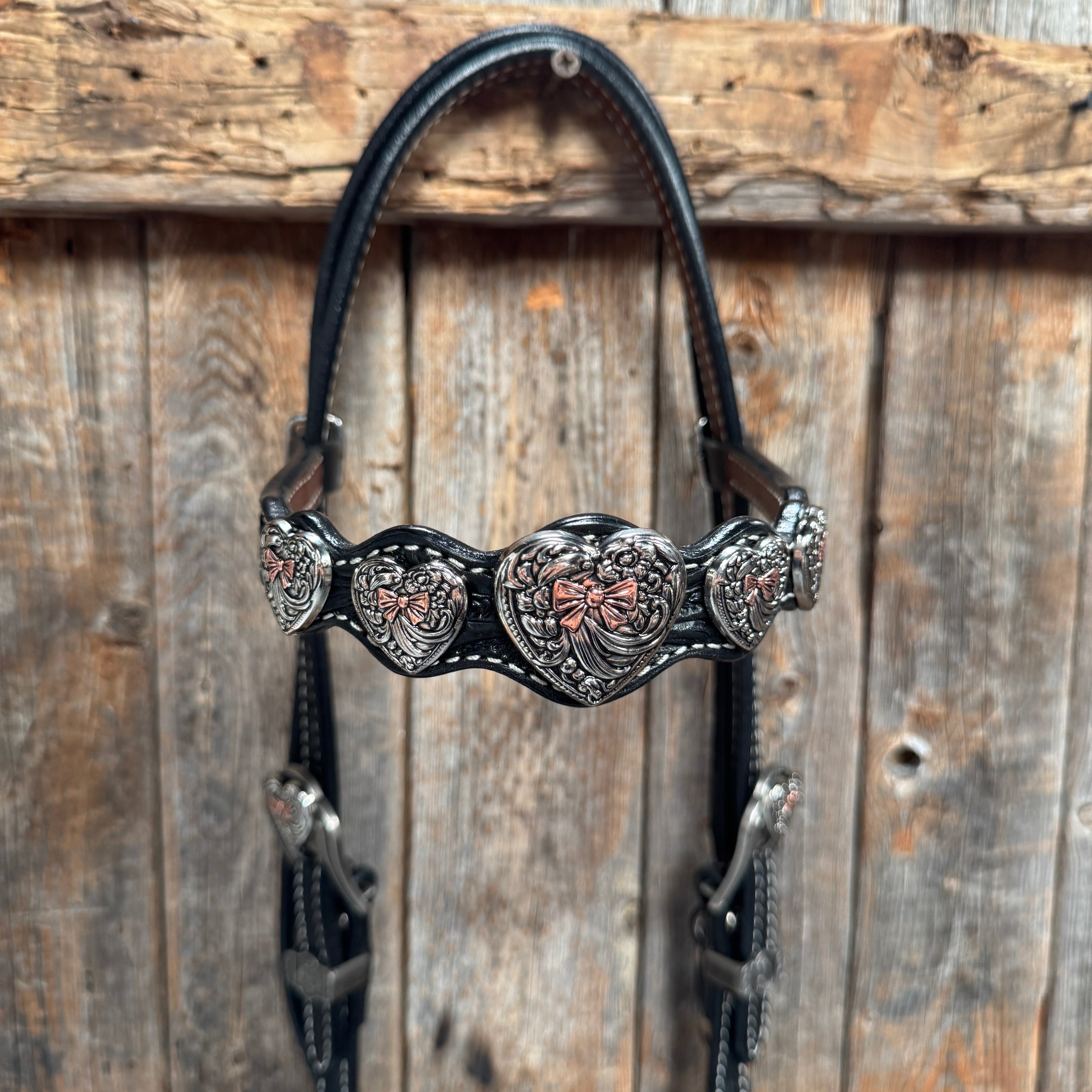 Black Floral Antique Silver and Copper Heart Browband | One Ear Tack Set #BBBC515 — view 4