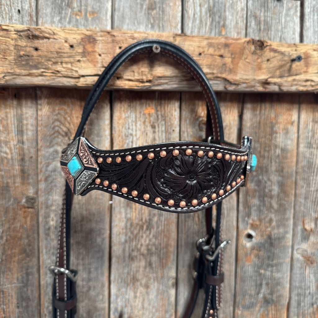 Dark Oil Copper and Antique Silver Browband | One Ear Tack Set #BBBC514 — view 4