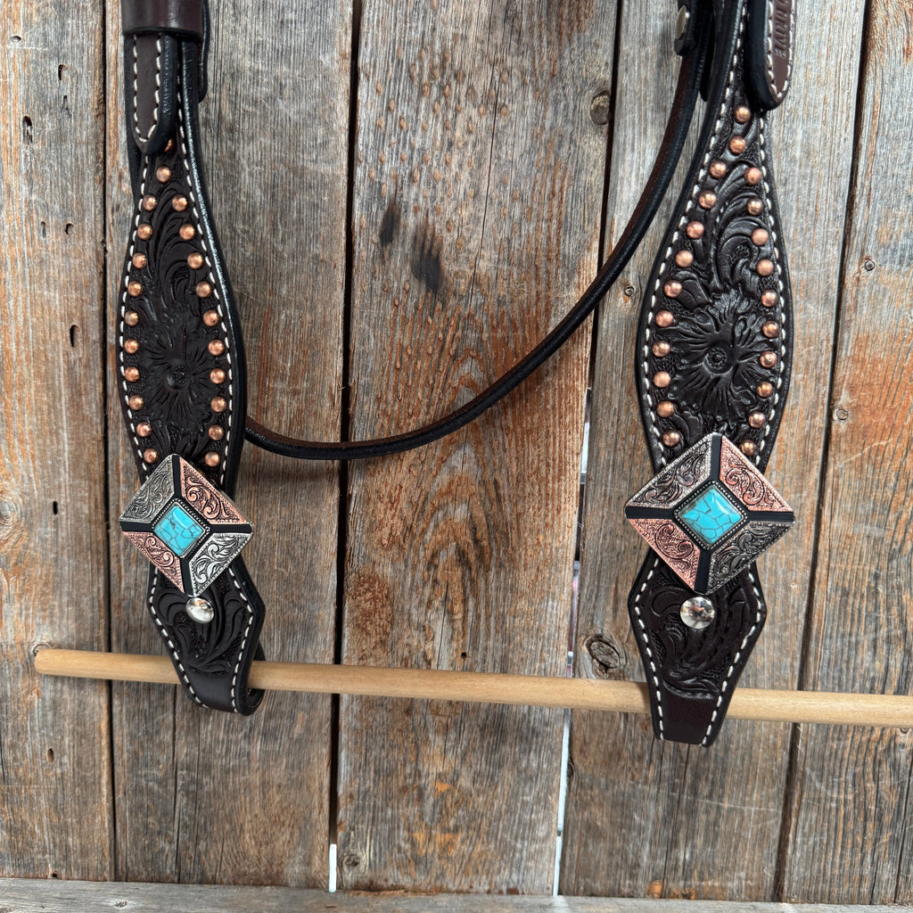Dark Oil Copper and Antique Silver Browband | One Ear Tack Set #BBBC514 — view 7