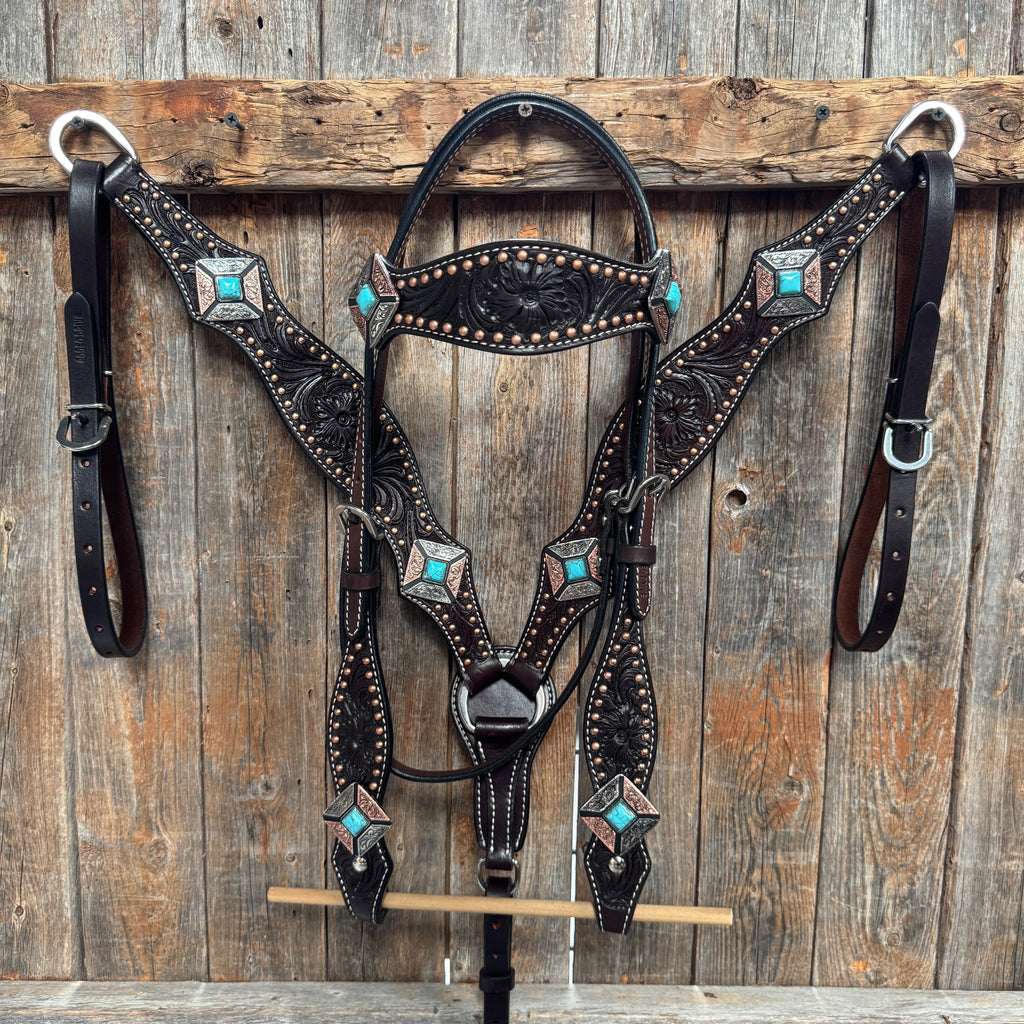 Dark Oil Copper and Antique Silver Browband | One Ear Tack Set #BBBC514
