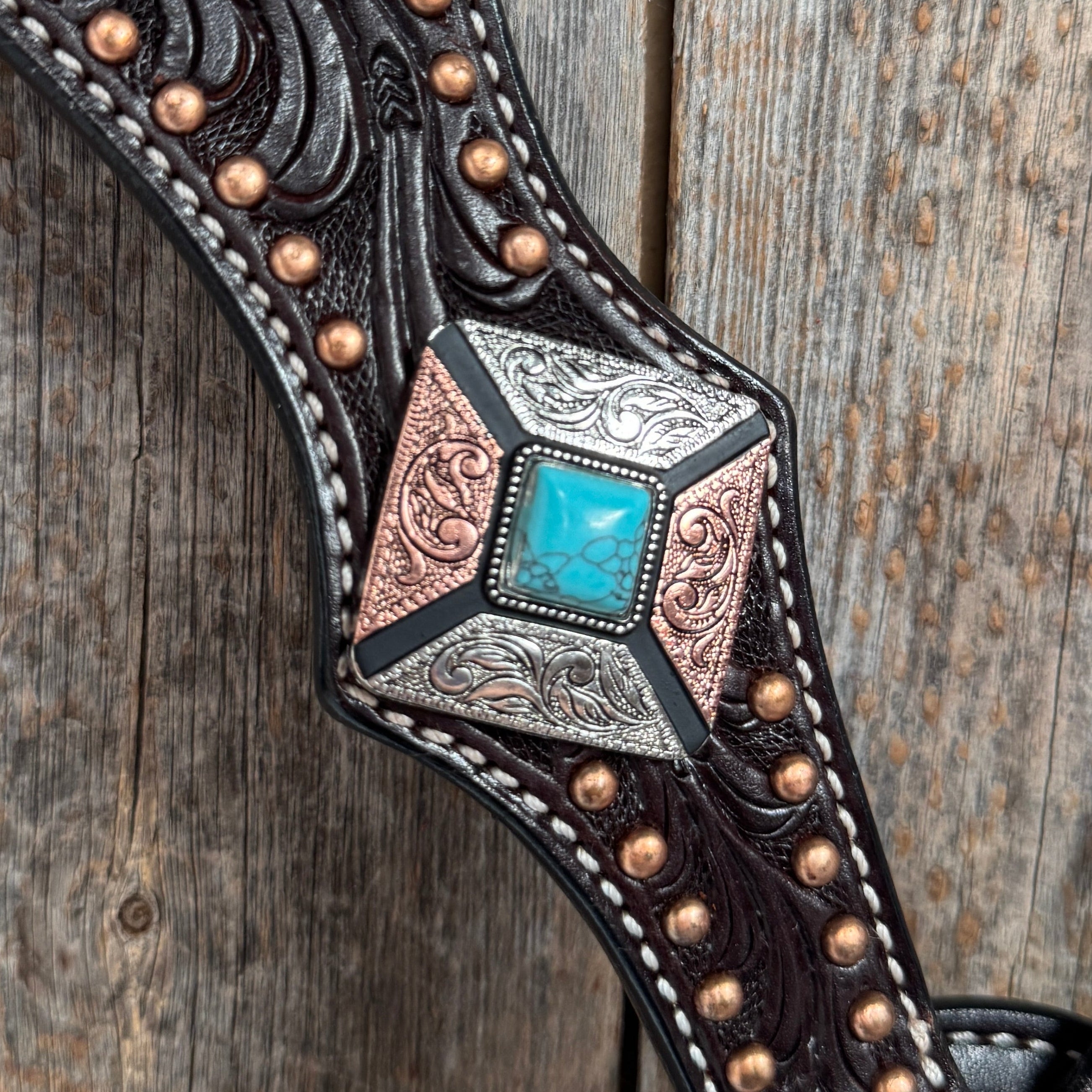 Dark Oil Copper and Antique Silver Browband | One Ear Tack Set #BBBC514 — view 10