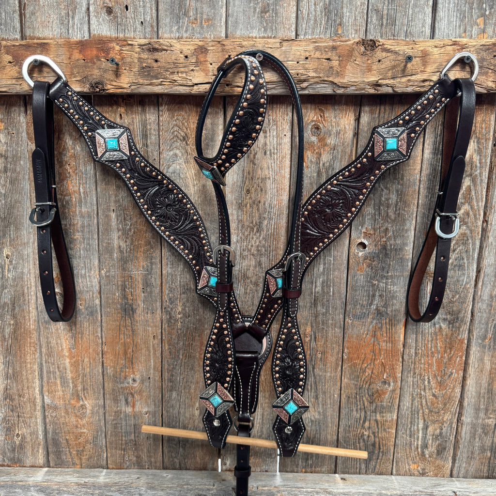 Dark Oil Copper and Antique Silver Browband | One Ear Tack Set #BBBC514 — view 2