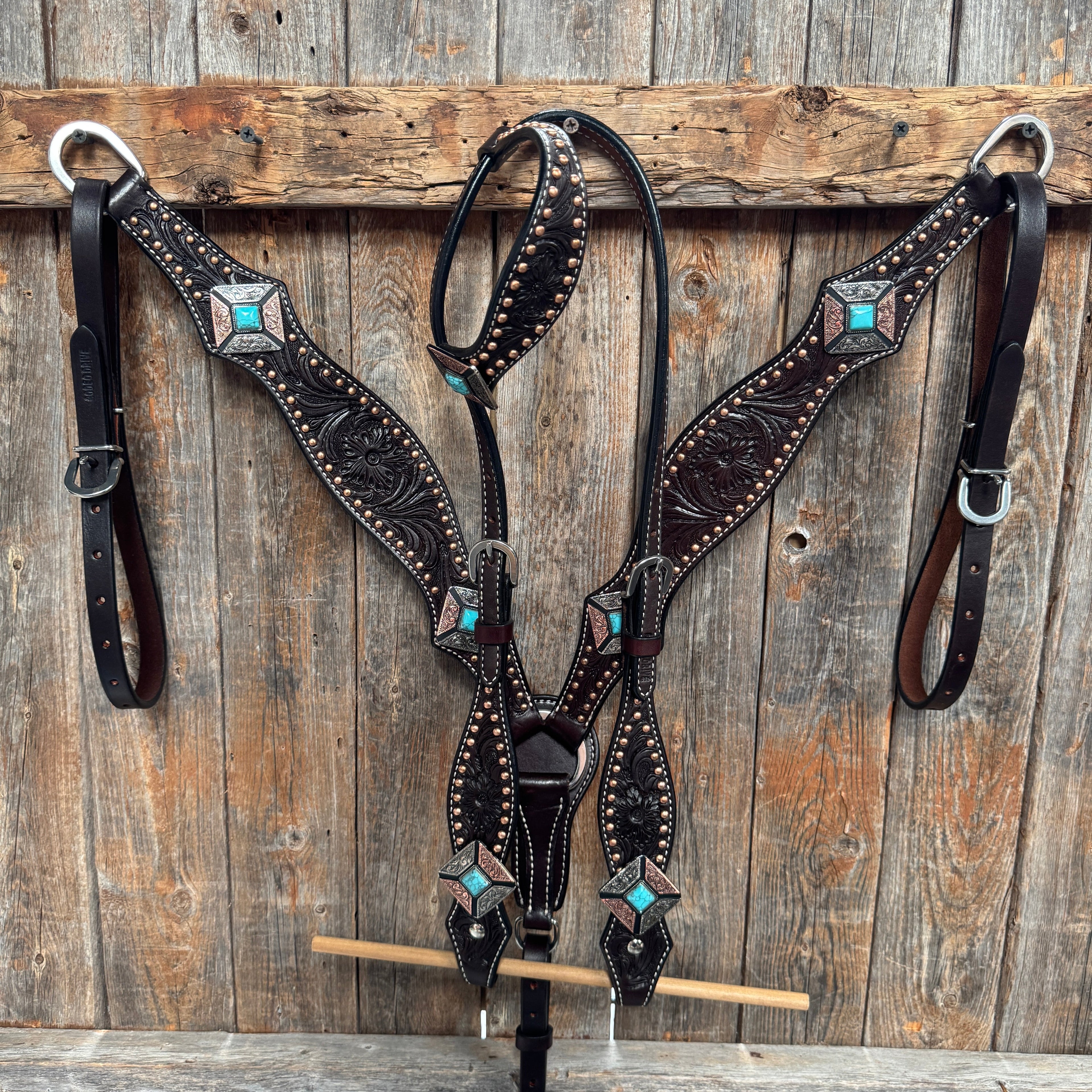 Dark Oil Copper and Antique Silver Browband | One Ear Tack Set #BBBC514 — view 2