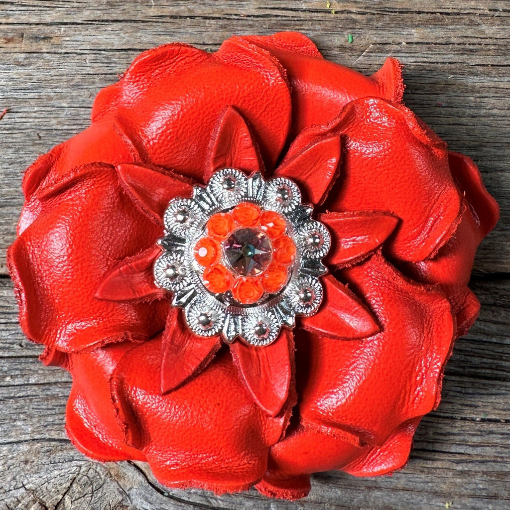 Neon Orange Gardenia Flower With Bright Silver Neon Orange & AB 1" Concho
