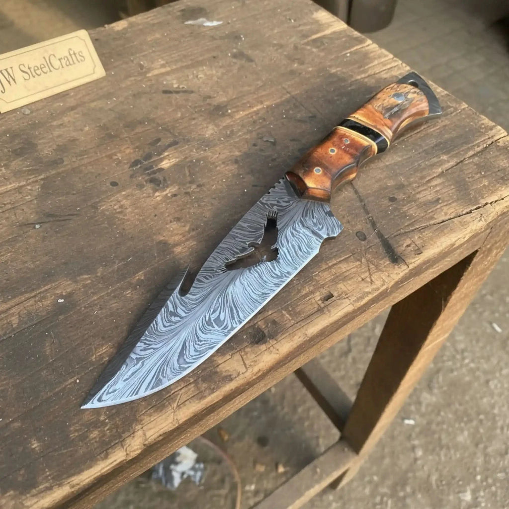 Handmade Feather Damascus Hunting Knife with Burned Camel Bone Handle &amp; Eagle Engraving