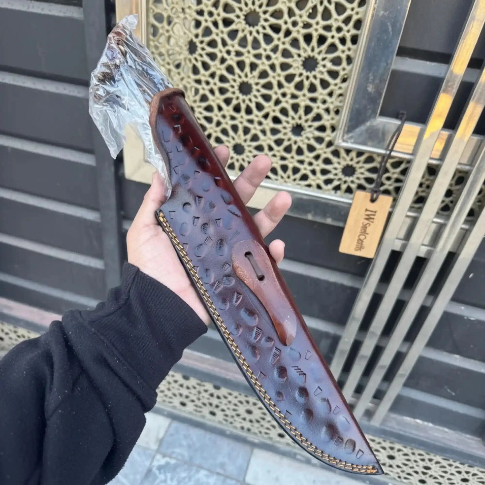 Handmade Feather Damascus Hunting Knife with Burned Camel Bone Handle &amp; Eagle Engraving