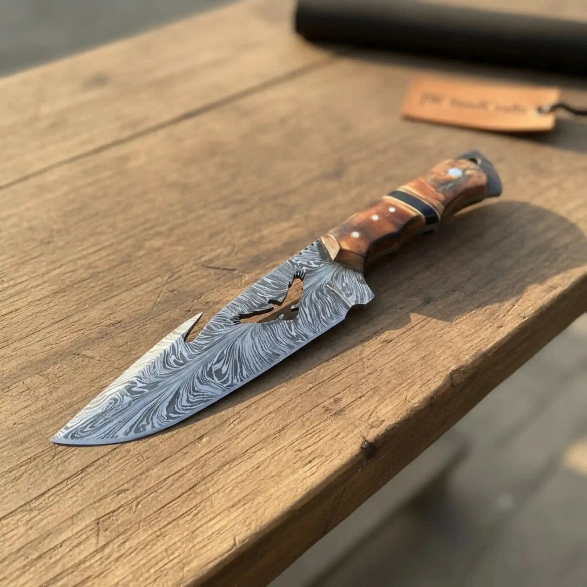 Handmade Feather Damascus Hunting Knife with Burned Camel Bone Handle &amp; Eagle Engraving