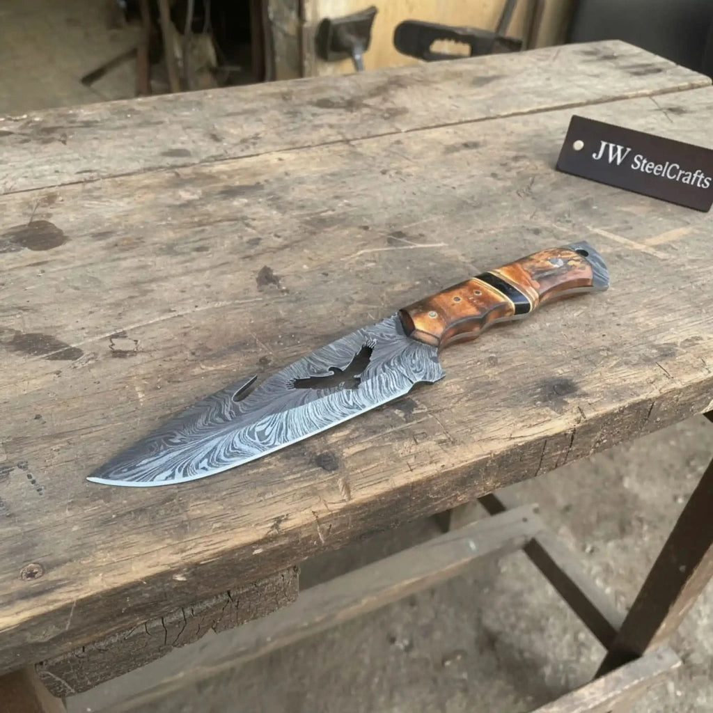 Handmade Feather Damascus Hunting Knife with Burned Camel Bone Handle &amp; Eagle Engraving