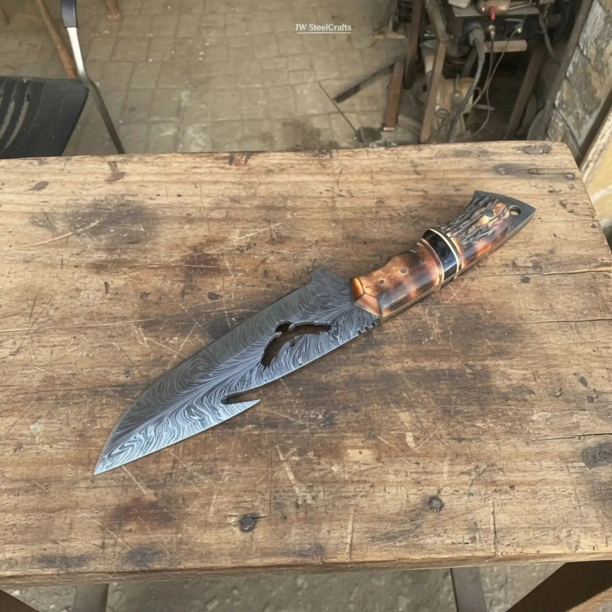 Handmade Feather Damascus Hunting Knife with Burned Camel Bone Handle &amp; Eagle Engraving