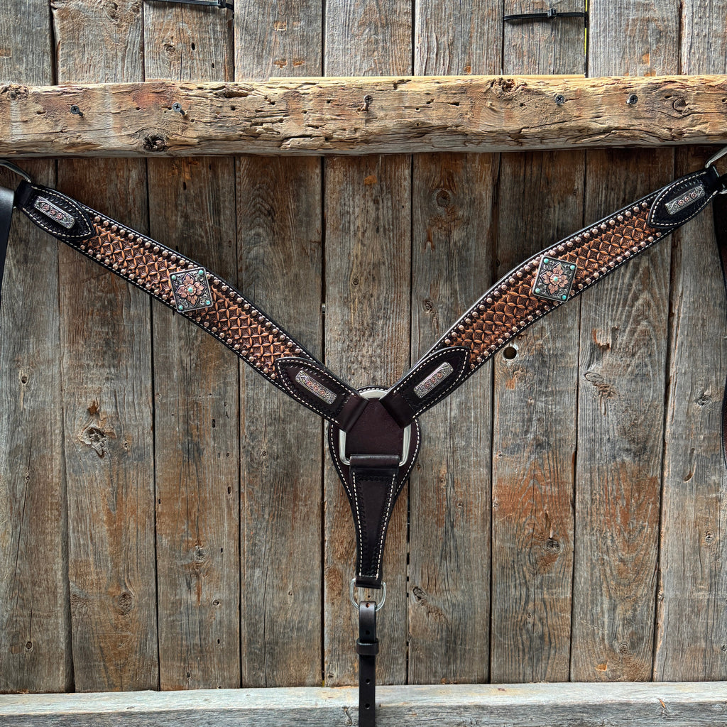 Two Tone Honeycomb Antique Silver and Copper Western Browband | One Ear Tack Set #BBBC513 — view 9