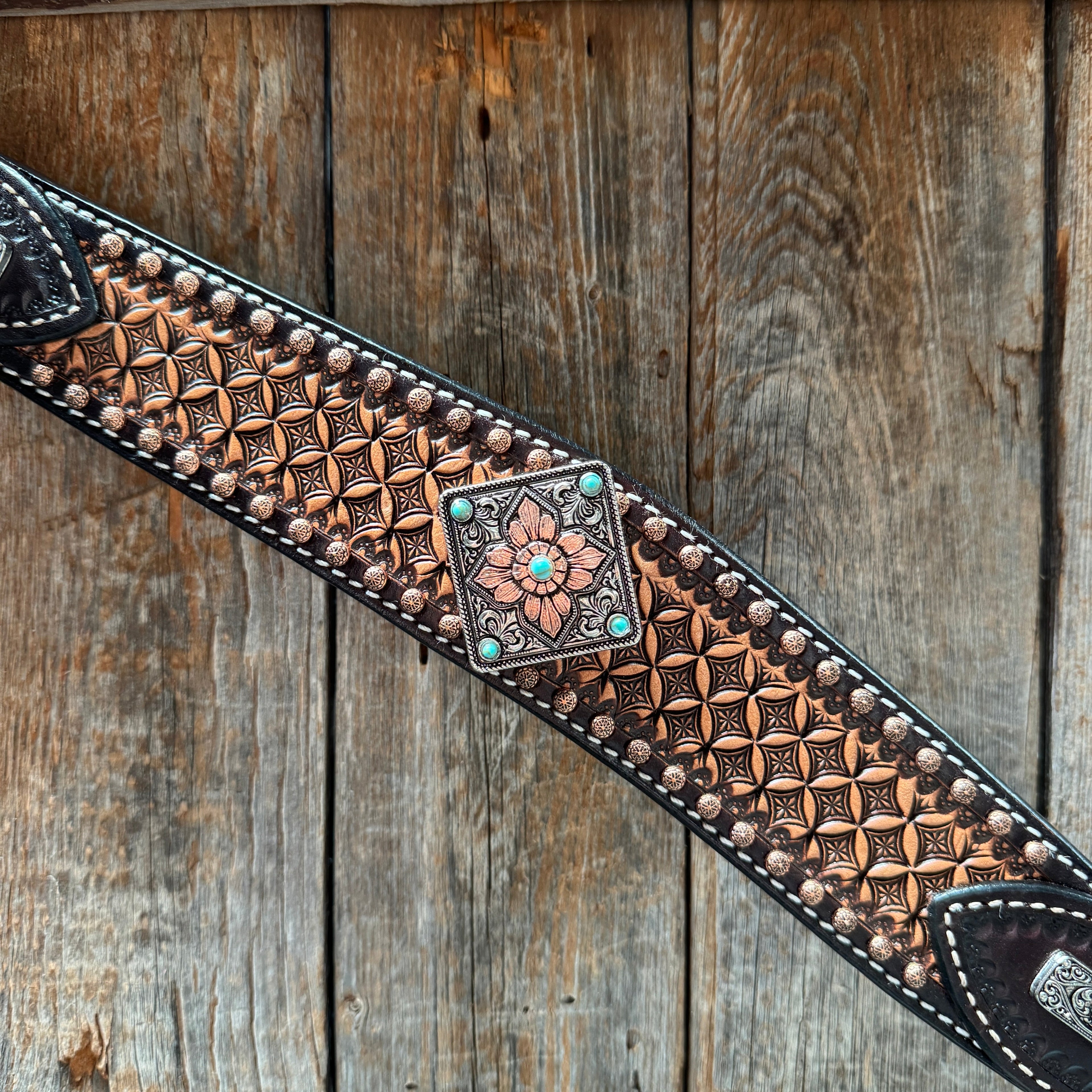 Two Tone Honeycomb Antique Silver and Copper Western Browband | One Ear Tack Set #BBBC513 — view 10