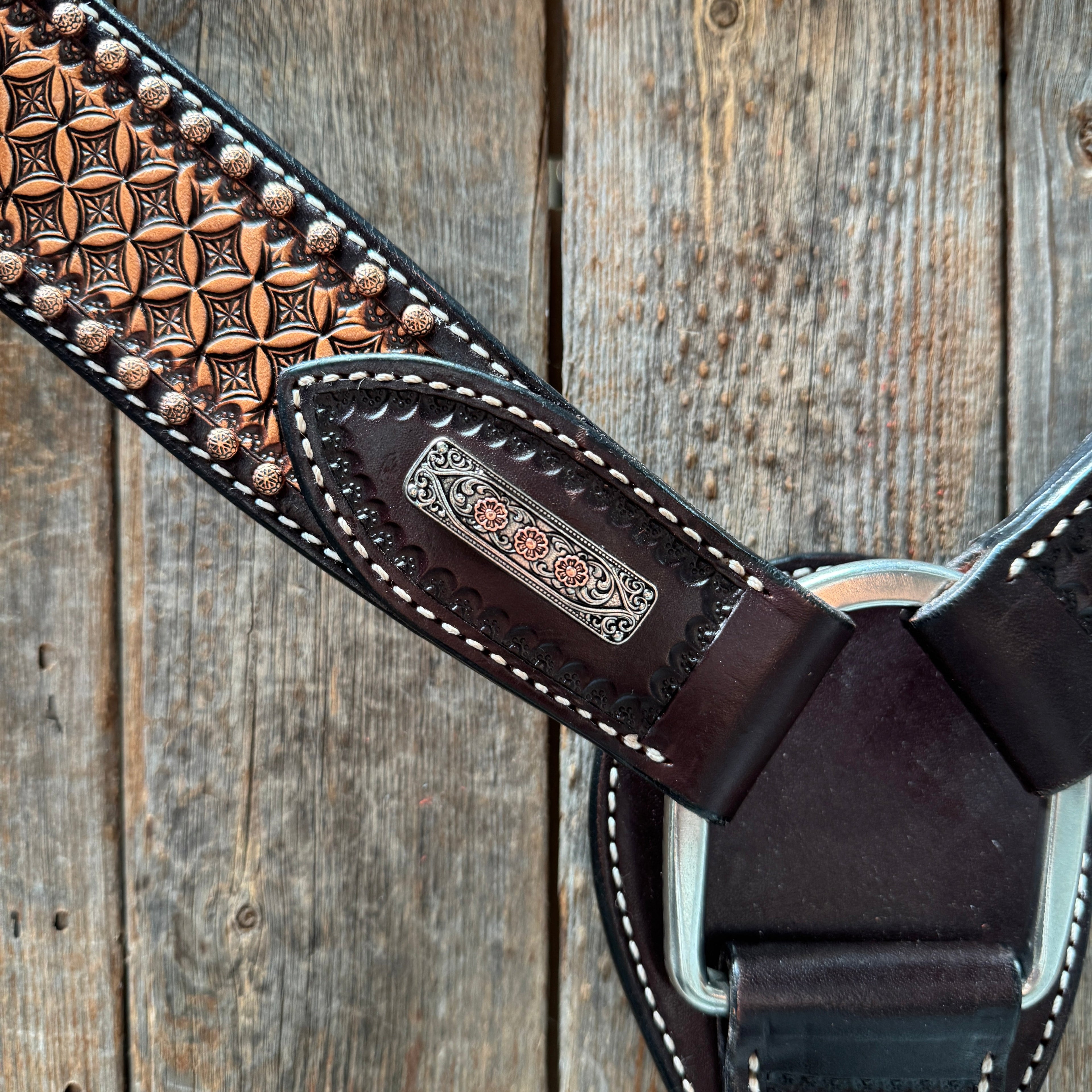 Two Tone Honeycomb Antique Silver and Copper Western Browband | One Ear Tack Set #BBBC513 — view 11