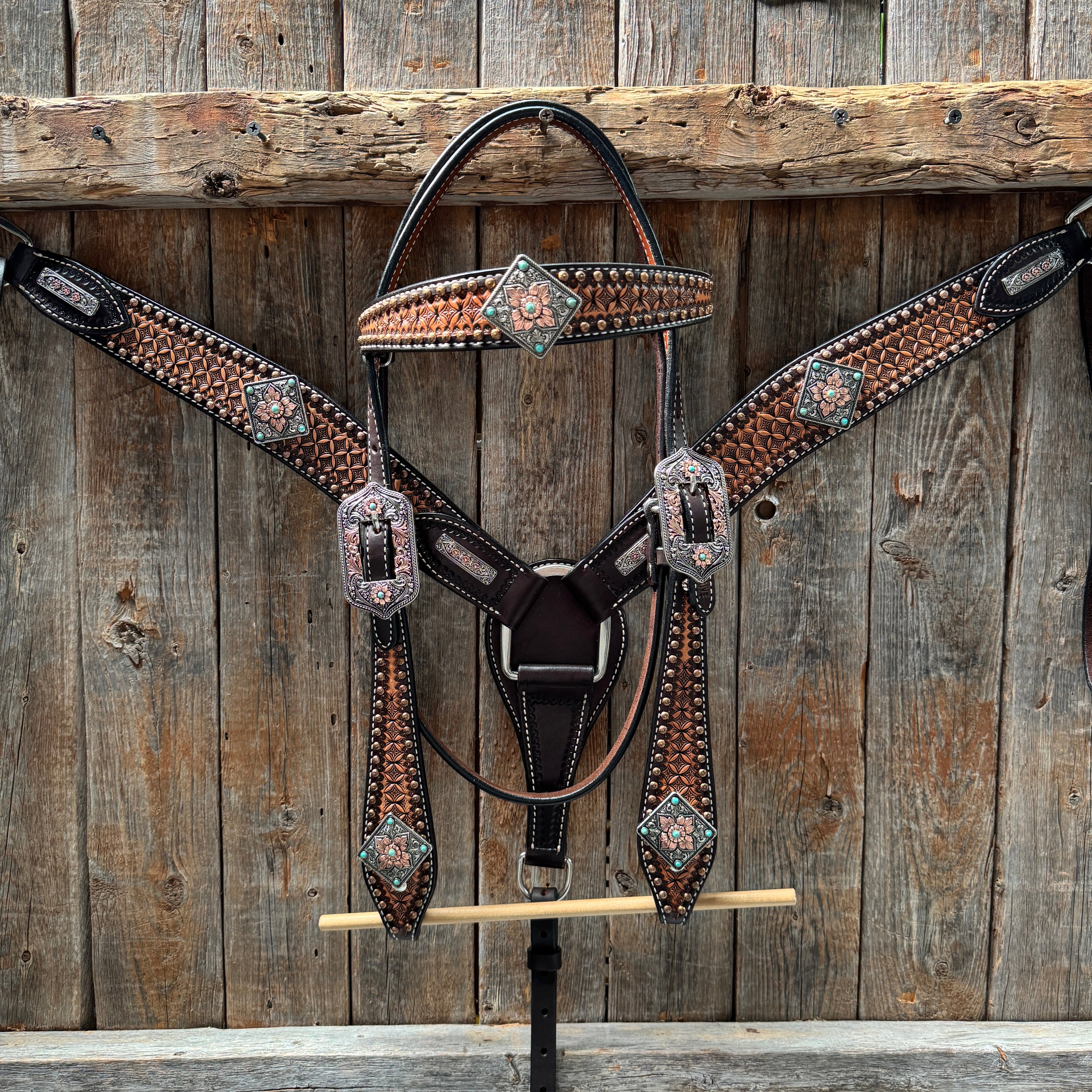 Two Tone Honeycomb Antique Silver and Copper Western Browband | One Ear Tack Set #BBBC513