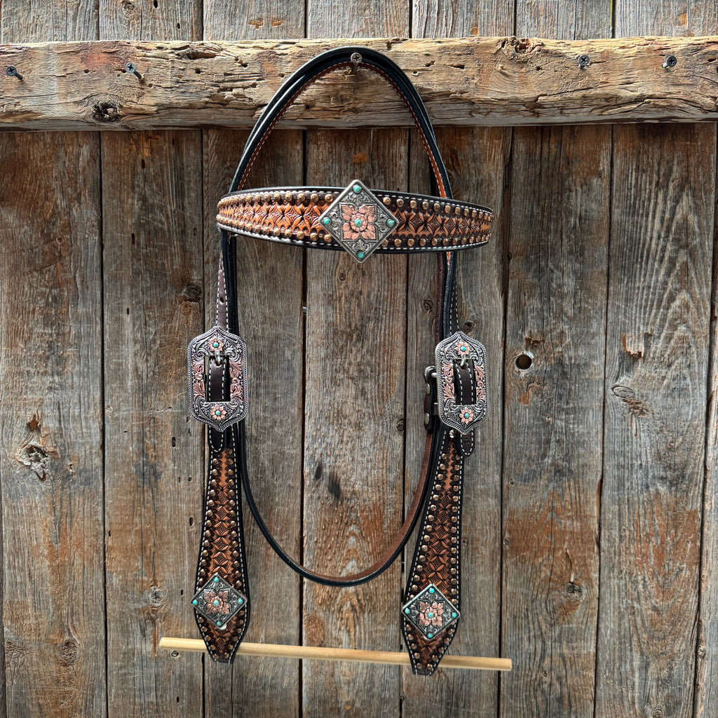 Two Tone Honeycomb Antique Silver and Copper Western Browband | One Ear Tack Set #BBBC513 — view 3
