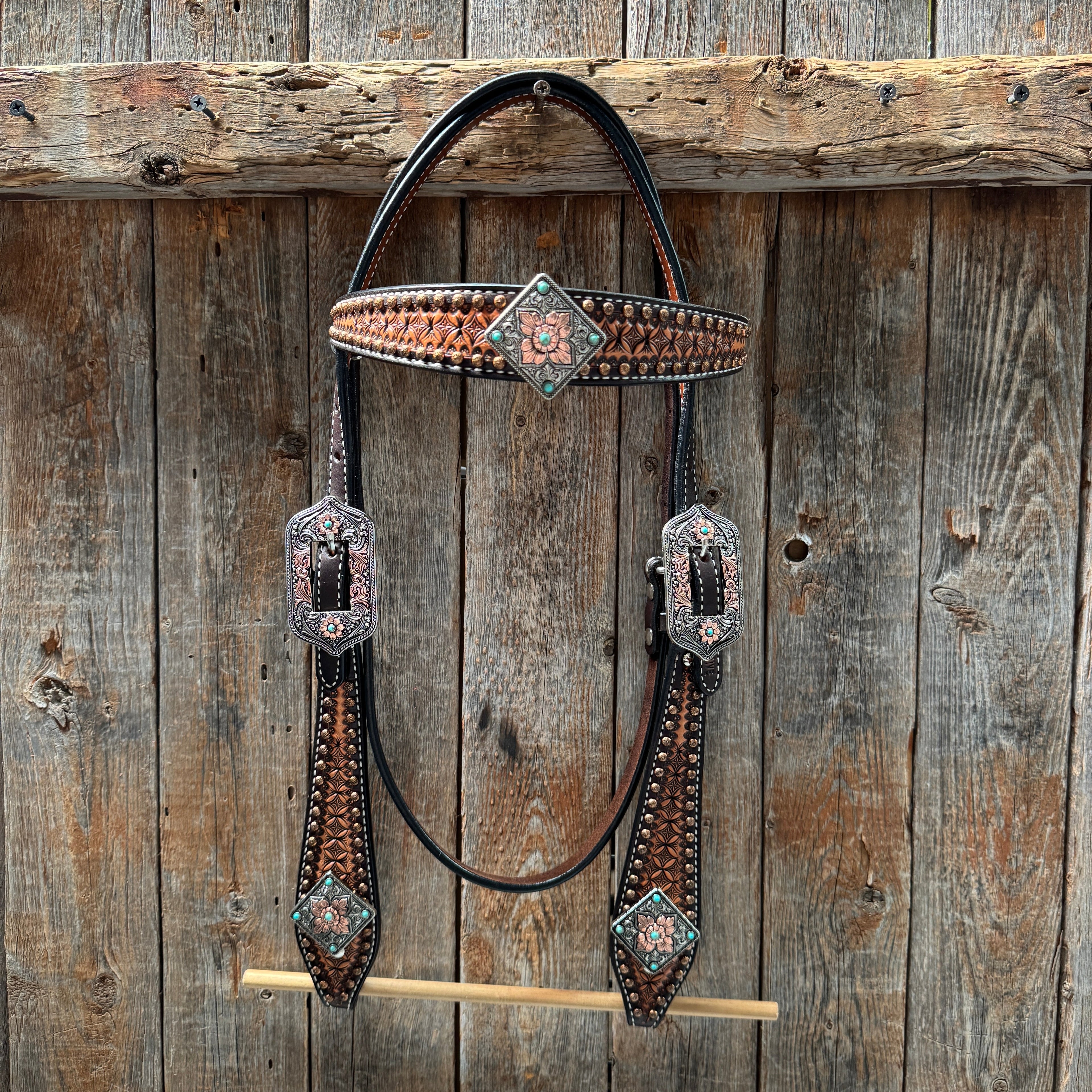 Two Tone Honeycomb Antique Silver and Copper Western Browband | One Ear Tack Set #BBBC513 — view 3