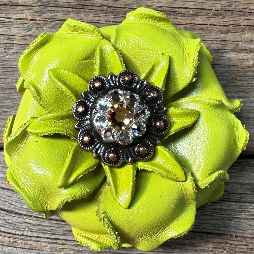 Neon Lime Gardenia Flower With Copper Champagne & Clear 1" Concho
