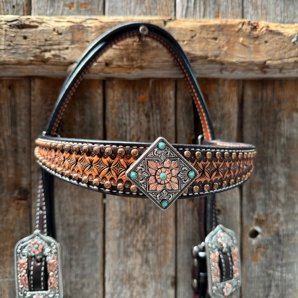Two Tone Honeycomb Antique Silver and Copper Western Browband | One Ear Tack Set #BBBC513 — view 4
