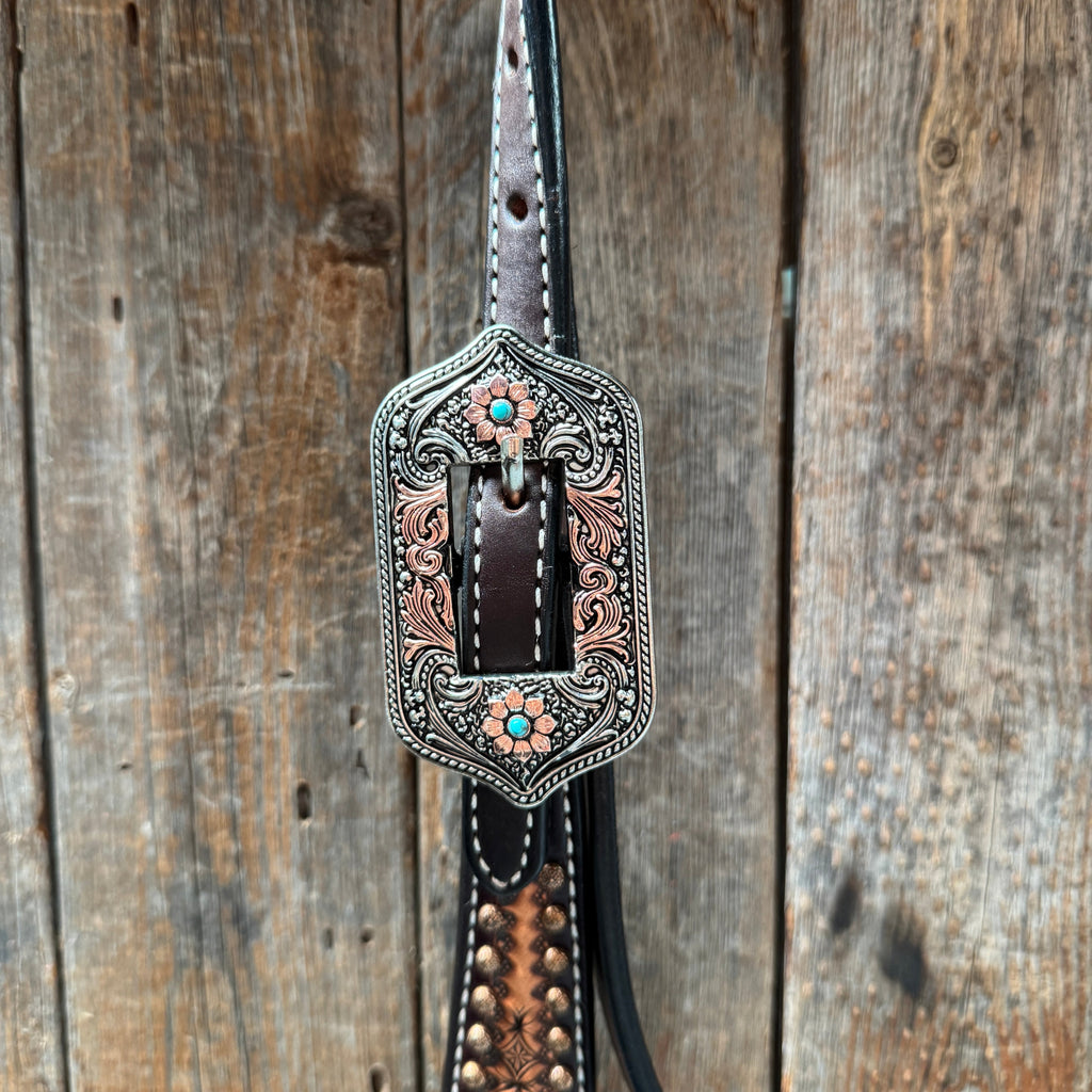 Two Tone Honeycomb Antique Silver and Copper Western Browband | One Ear Tack Set #BBBC513 — view 7