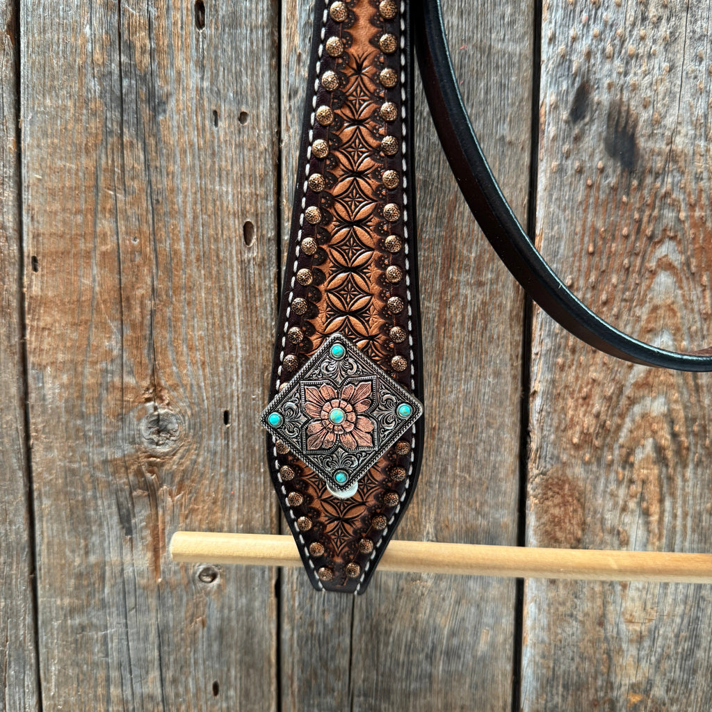 Two Tone Honeycomb Antique Silver and Copper Western Browband | One Ear Tack Set #BBBC513 — view 8