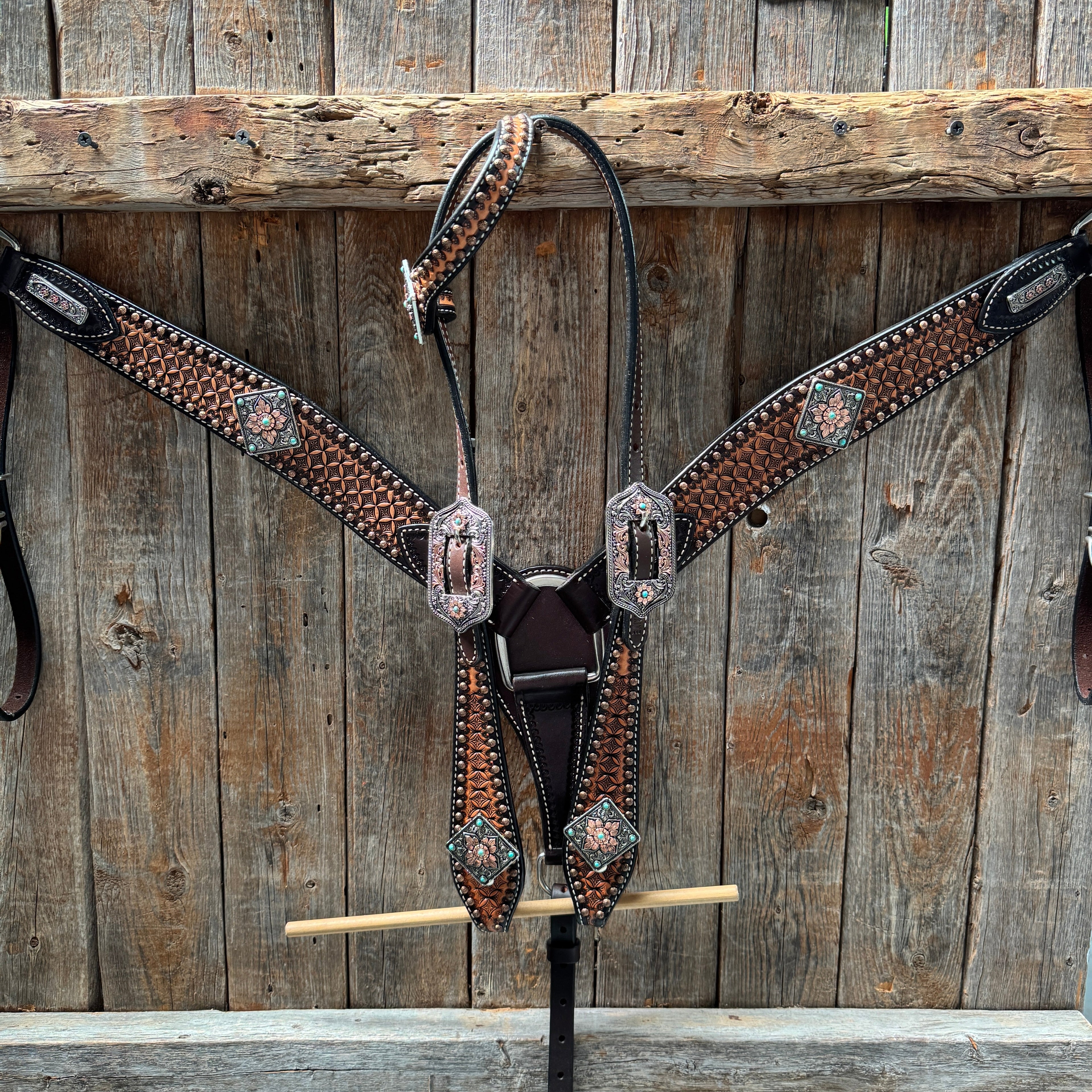 Two Tone Honeycomb Antique Silver and Copper Western Browband | One Ear Tack Set #BBBC513 — view 2
