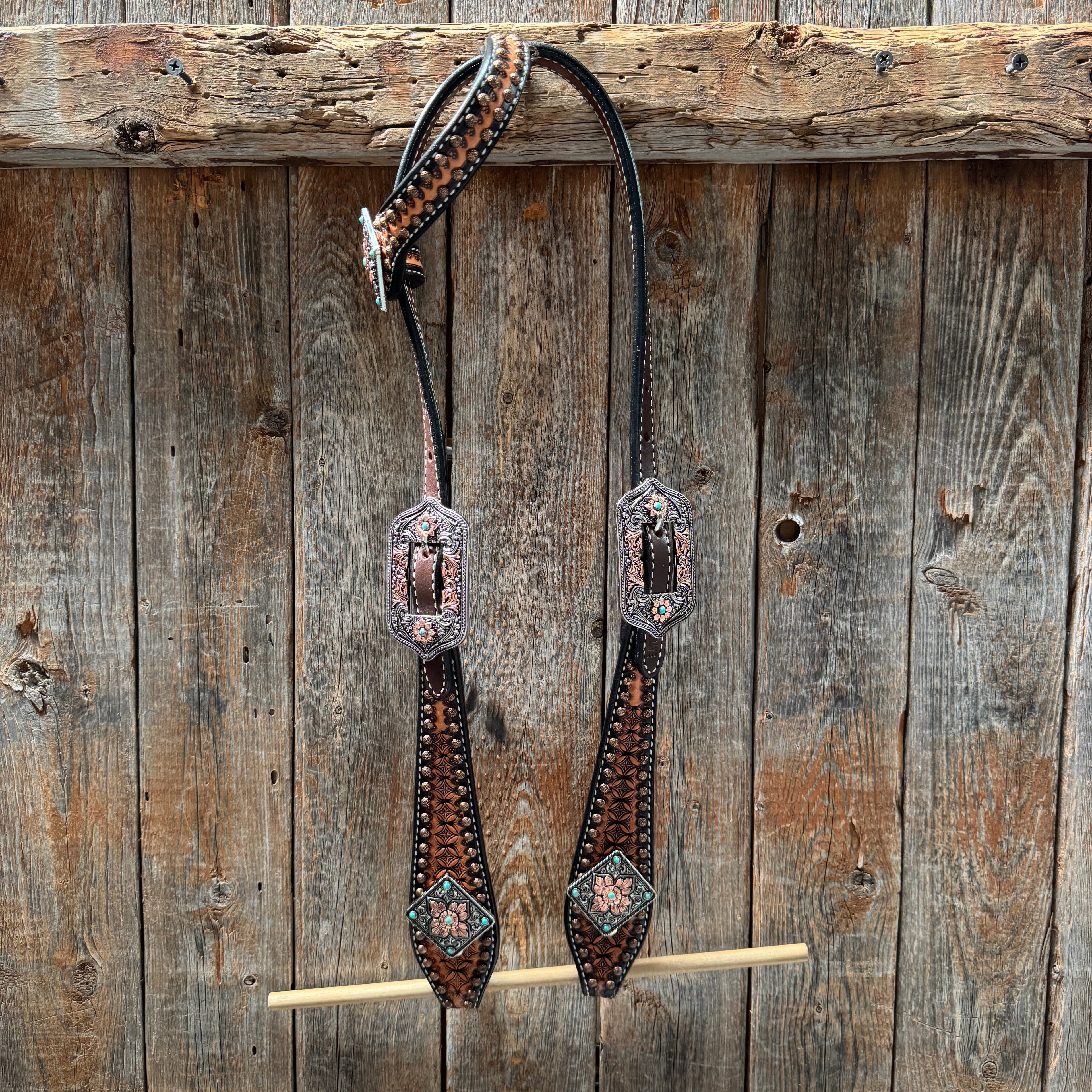 Two Tone Honeycomb Antique Silver and Copper Western Browband | One Ear Tack Set #BBBC513 — view 5