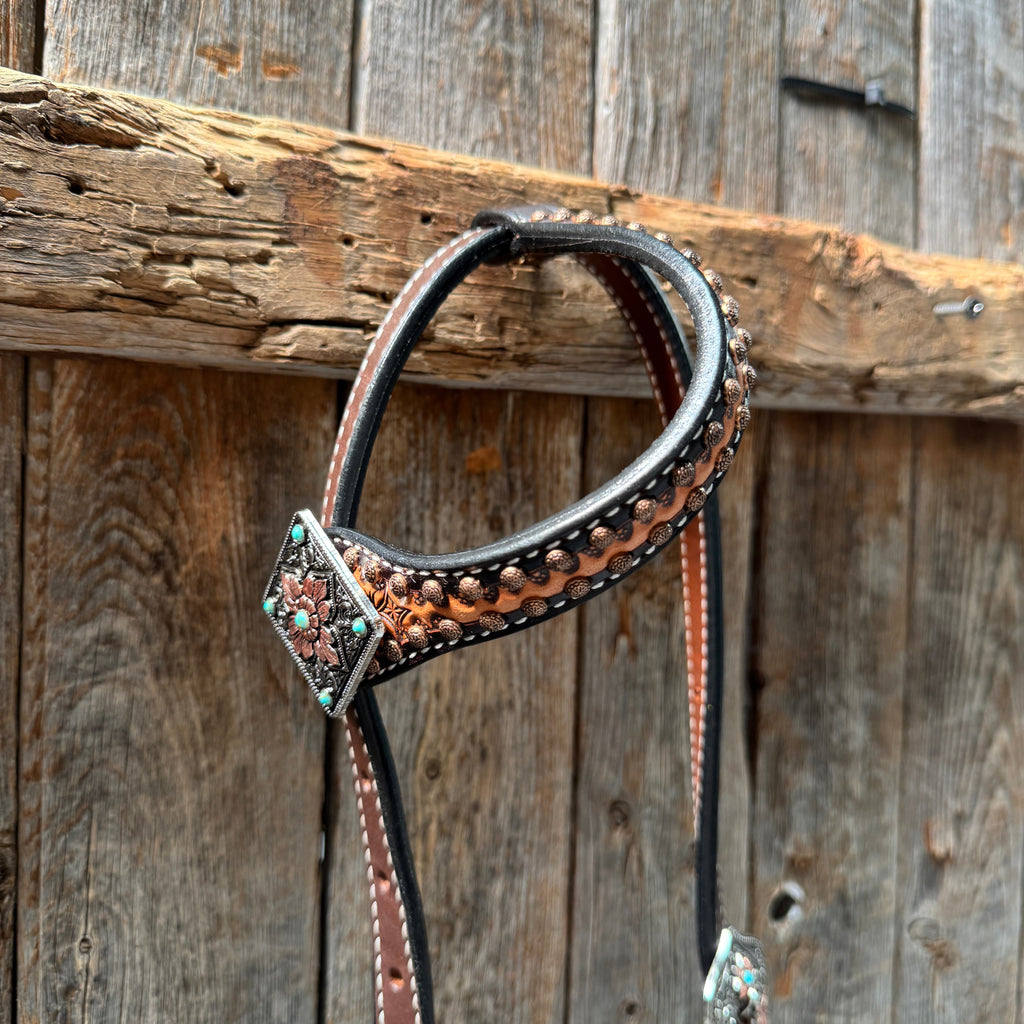 Two Tone Honeycomb Antique Silver and Copper Western Browband | One Ear Tack Set #BBBC513 — view 6