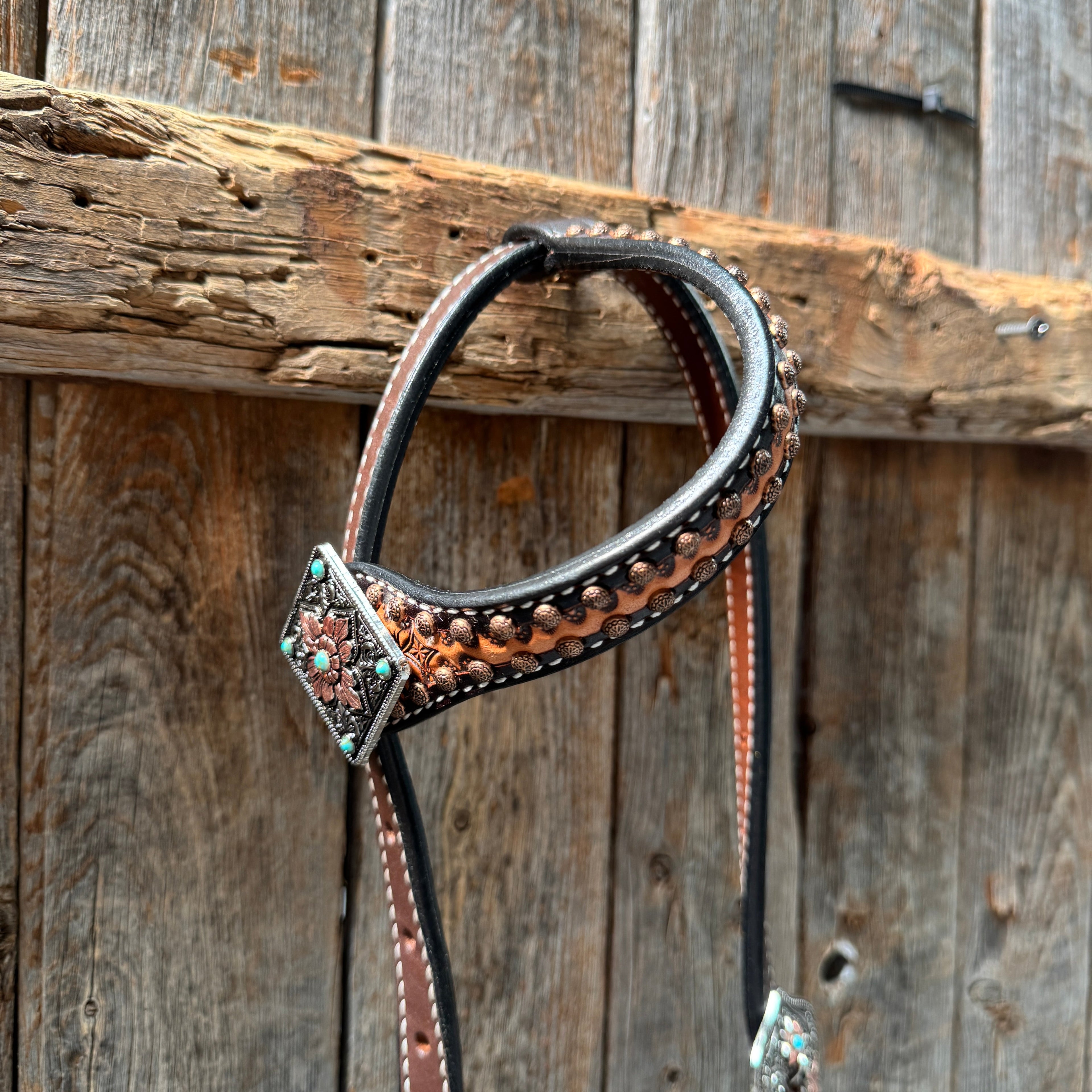 Two Tone Honeycomb Antique Silver and Copper Western Browband | One Ear Tack Set #BBBC513 — view 6