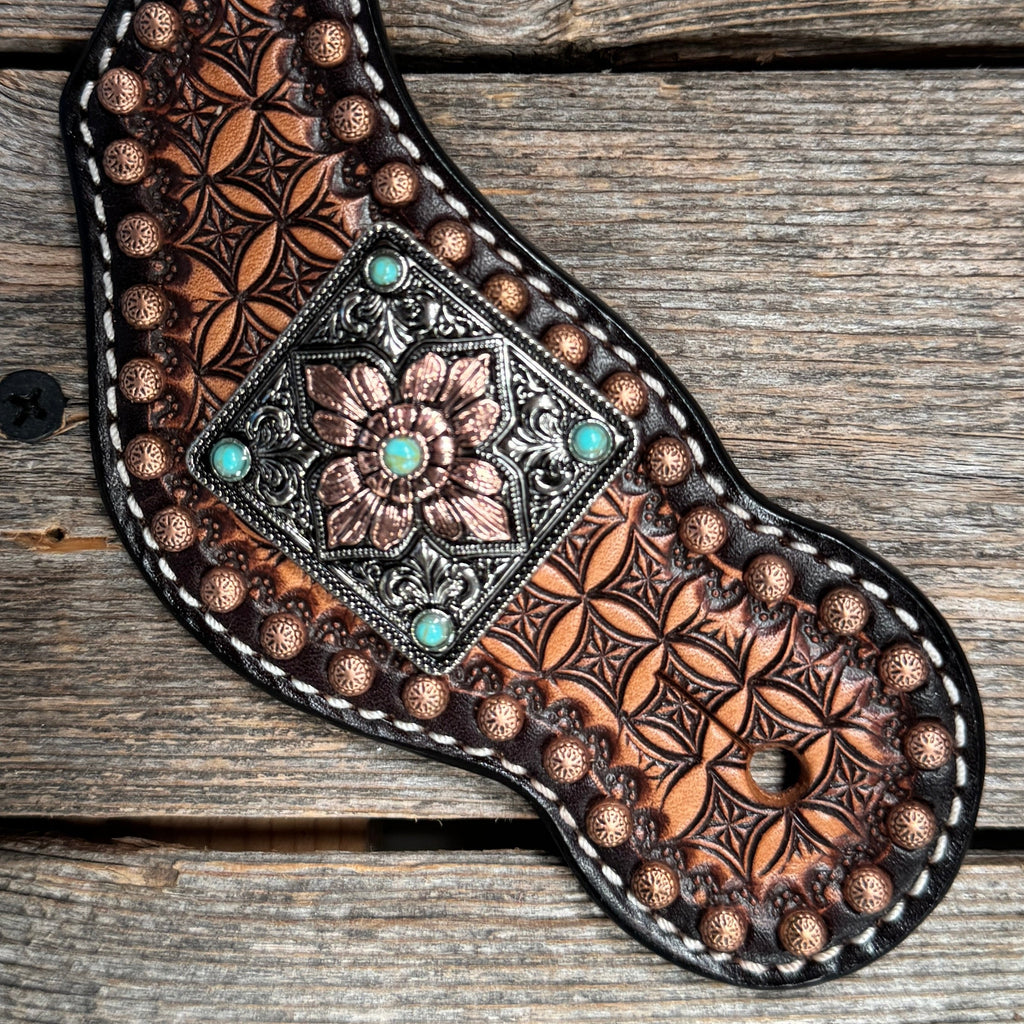 Two Tone Honeycomb Spur Straps | Antique Silver and Copper Conchos #SS143 — view 2