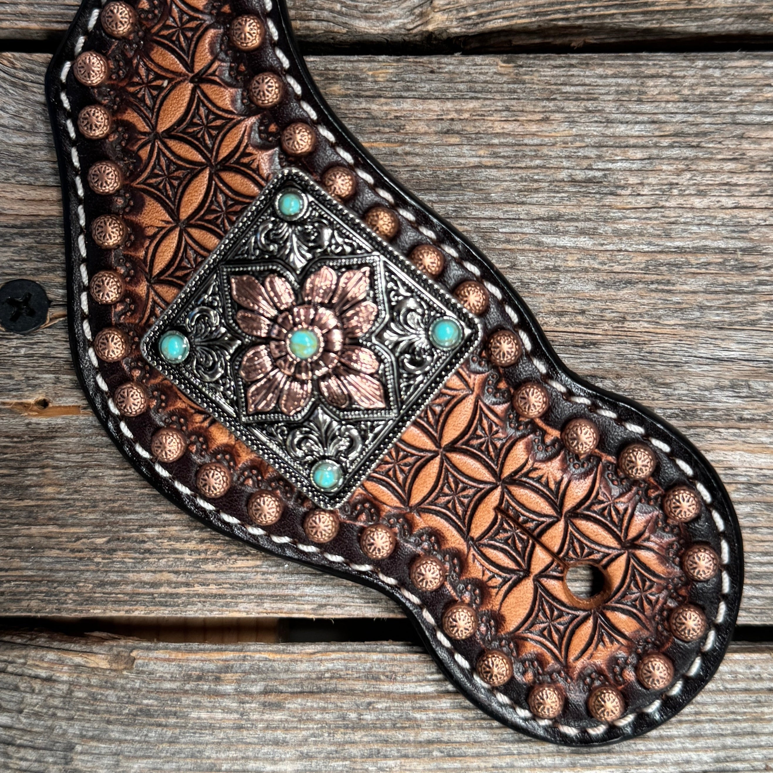 Two Tone Honeycomb Spur Straps | Antique Silver and Copper Conchos #SS143 — view 2