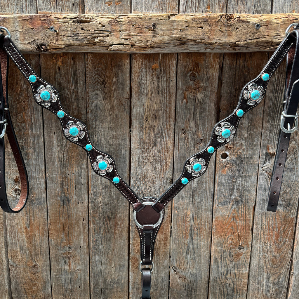 Dark Oil Basketweave Turquoise Flower Browband | One Ear Tack Set #BBBC510 — view 5