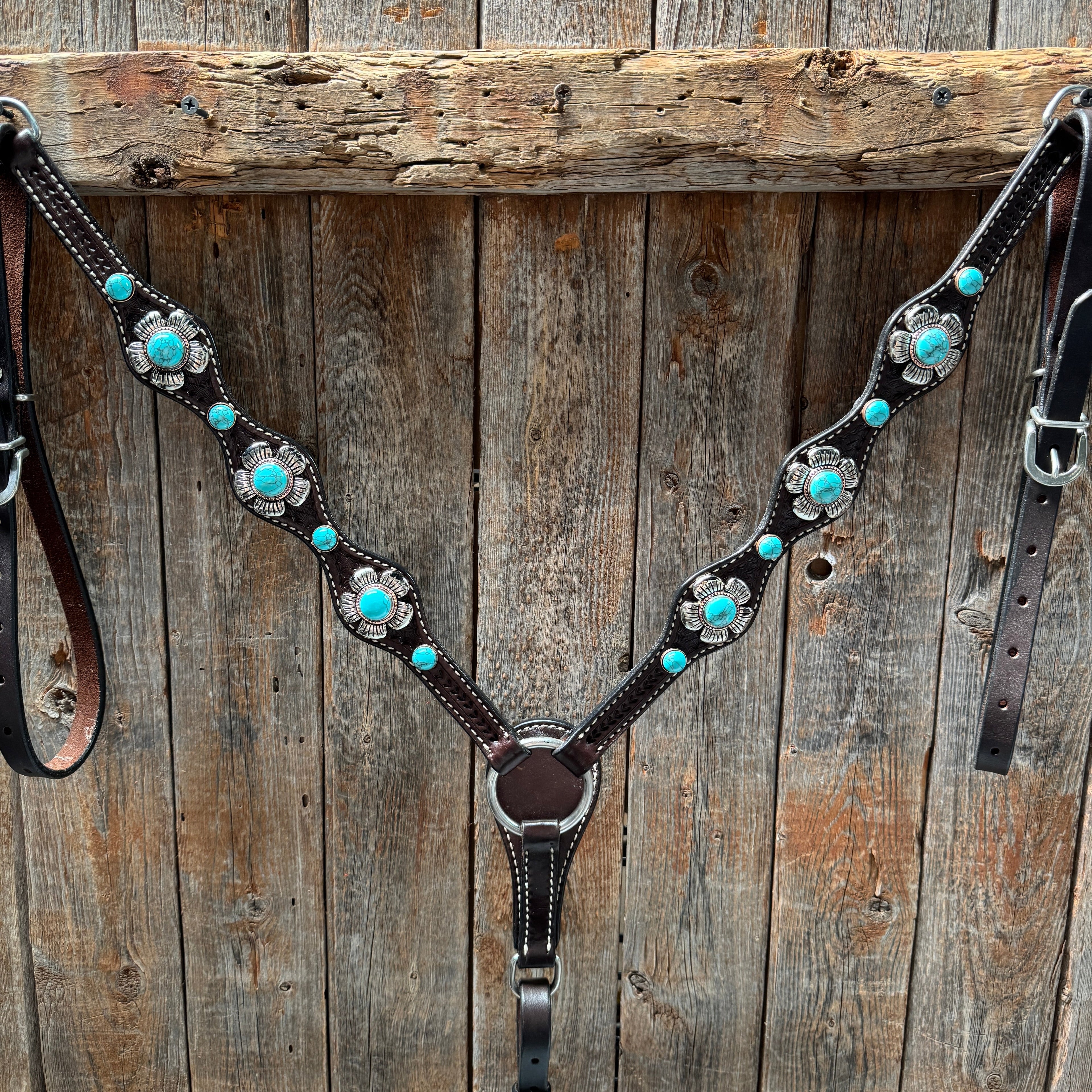 Dark Oil Basketweave Turquoise Flower Browband | One Ear Tack Set #BBBC510 — view 5