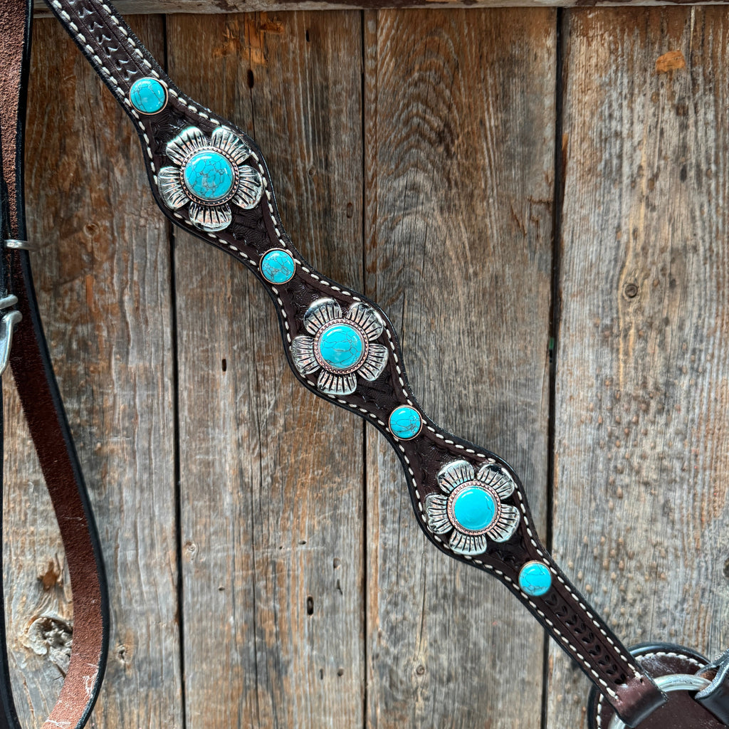Dark Oil Basketweave Turquoise Flower Browband | One Ear Tack Set #BBBC510 — view 9