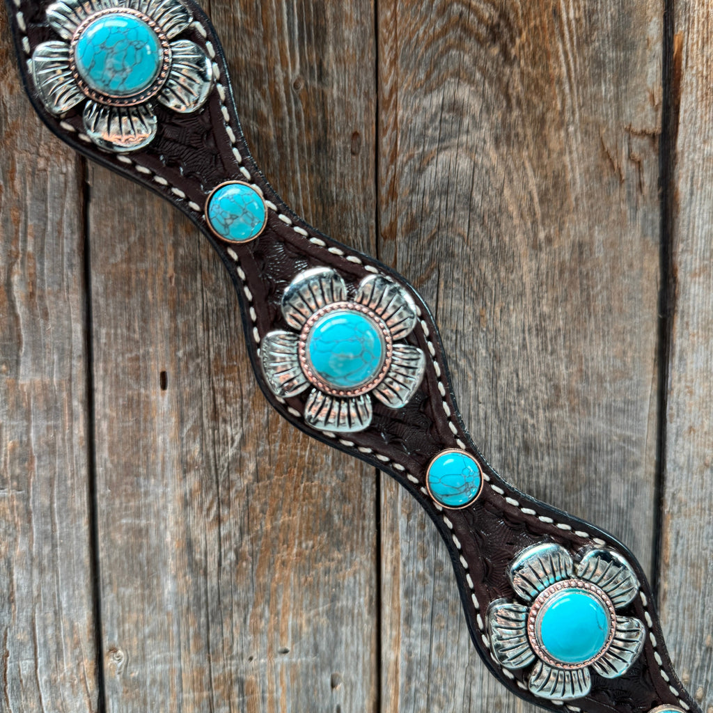 Dark Oil Basketweave Turquoise Flower Browband | One Ear Tack Set #BBBC510 — view 10