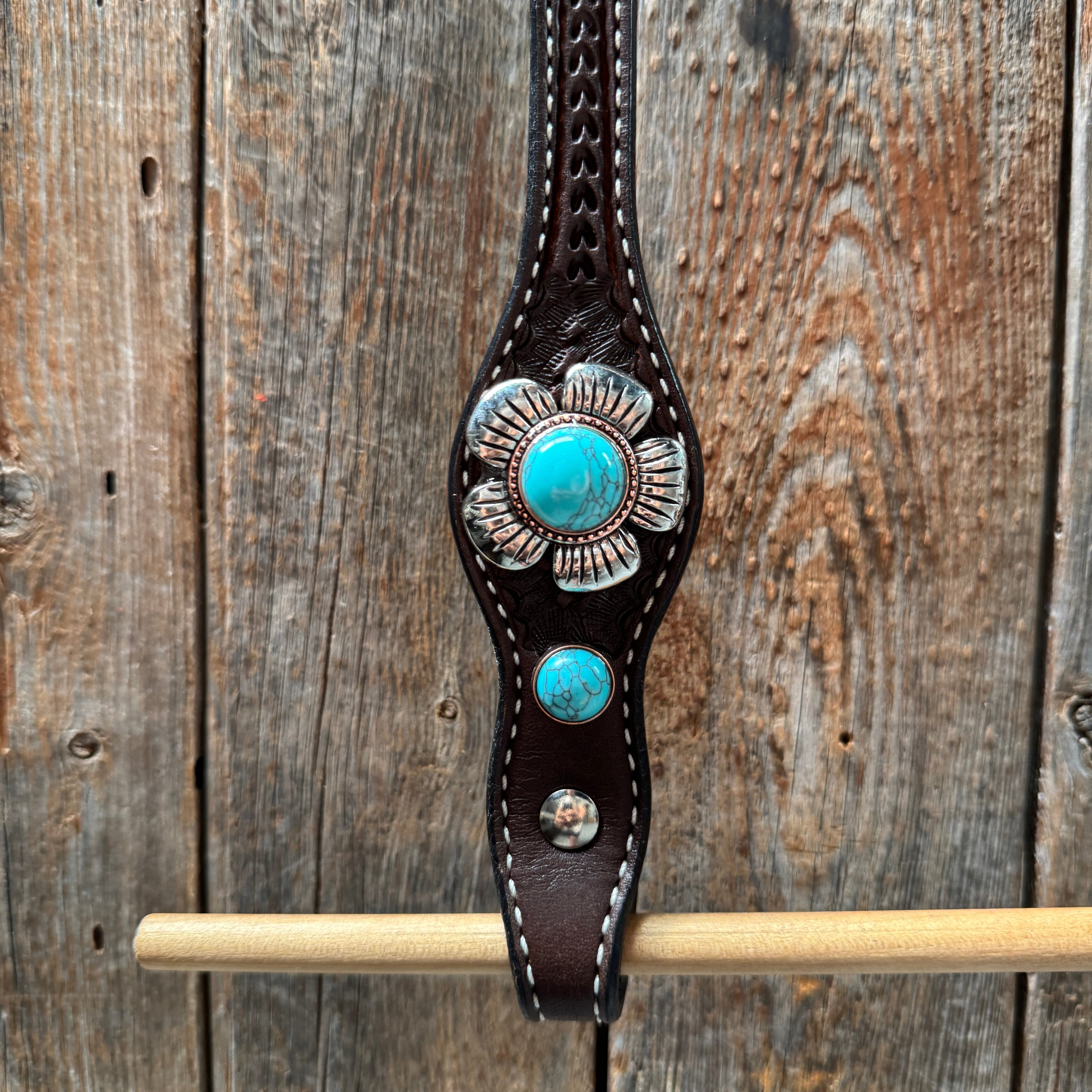 Dark Oil Basketweave Turquoise Flower Browband | One Ear Tack Set #BBBC510 — view 8