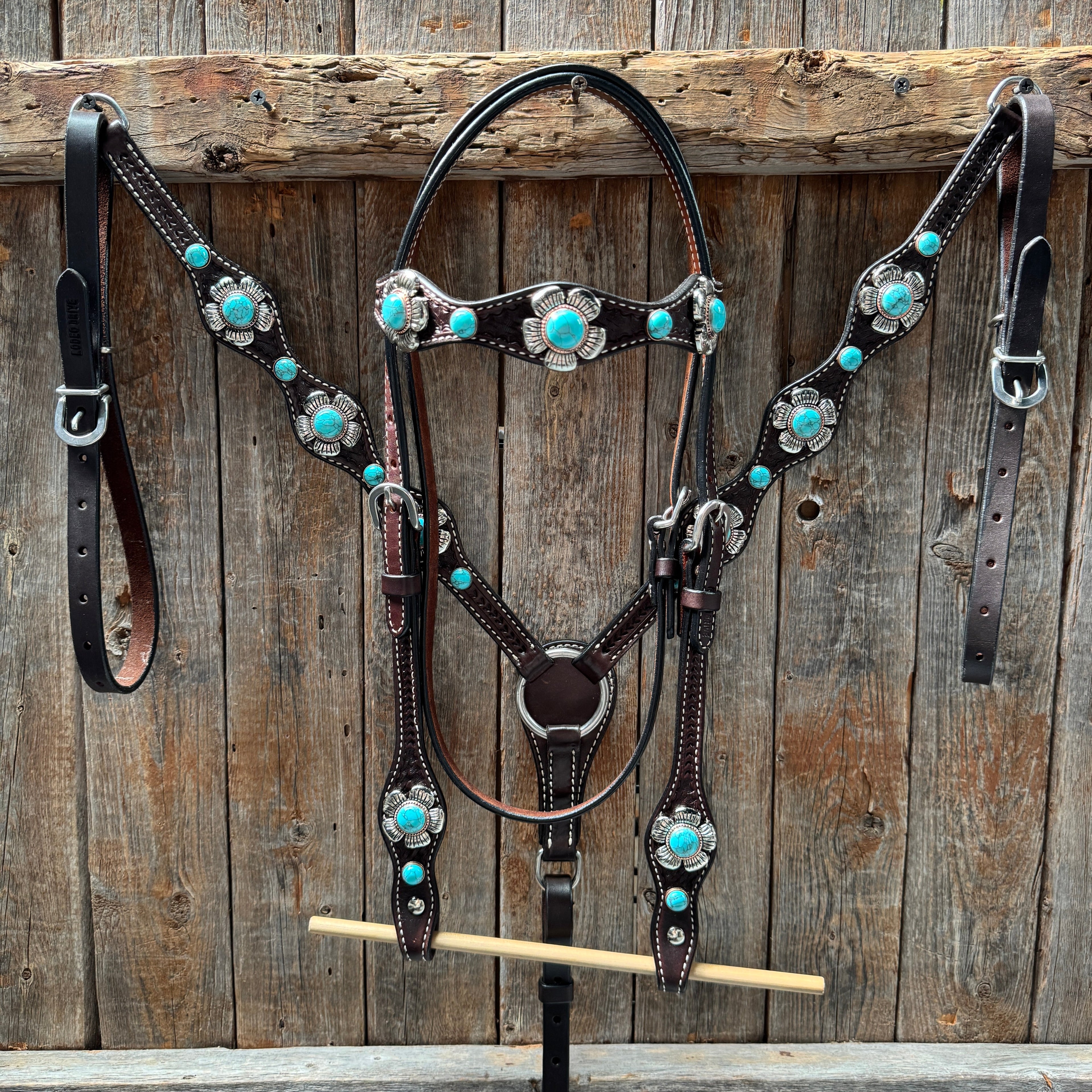 Dark Oil Basketweave Turquoise Flower Browband | One Ear Tack Set #BBBC510