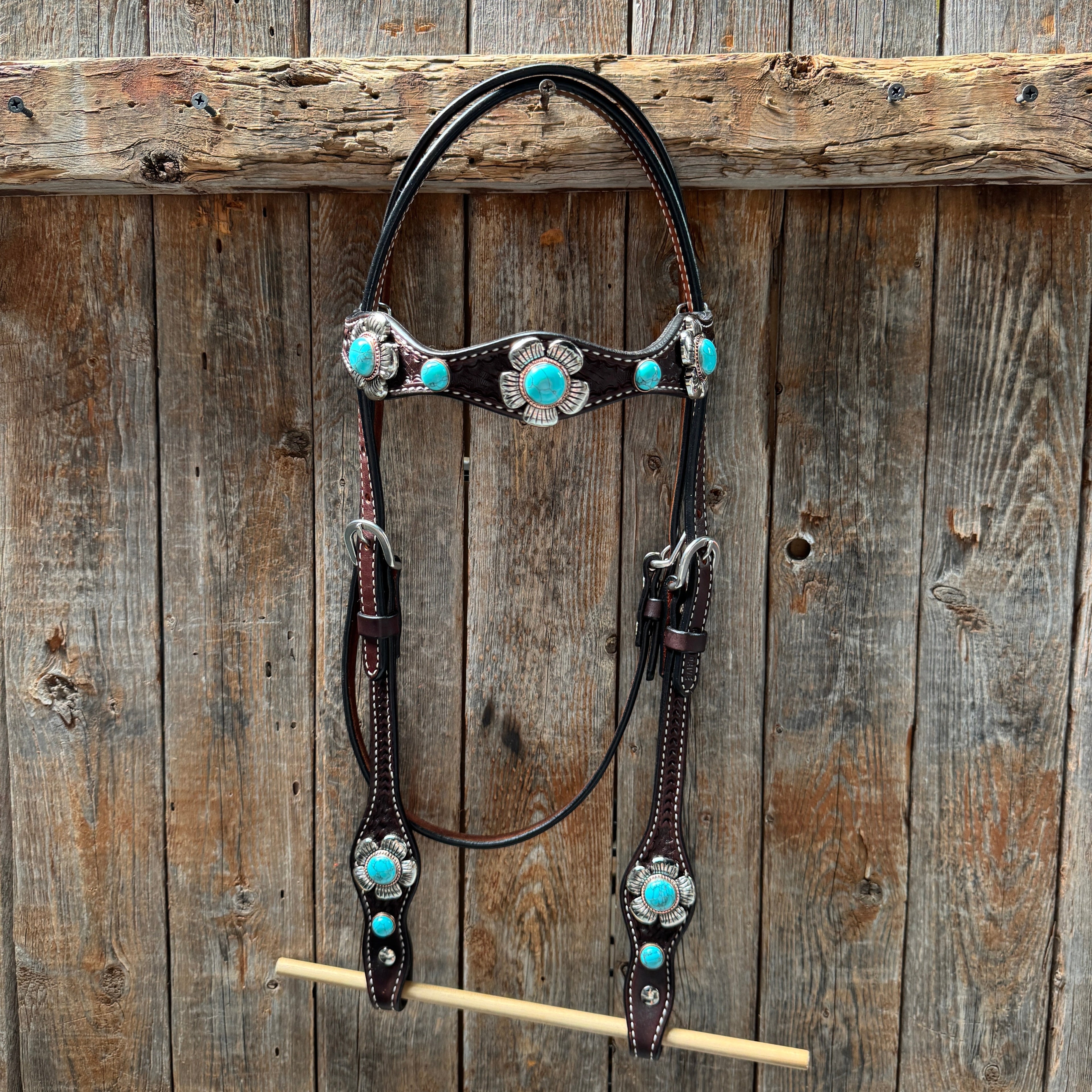 Dark Oil Basketweave Turquoise Flower Browband | One Ear Tack Set #BBBC510 — view 3