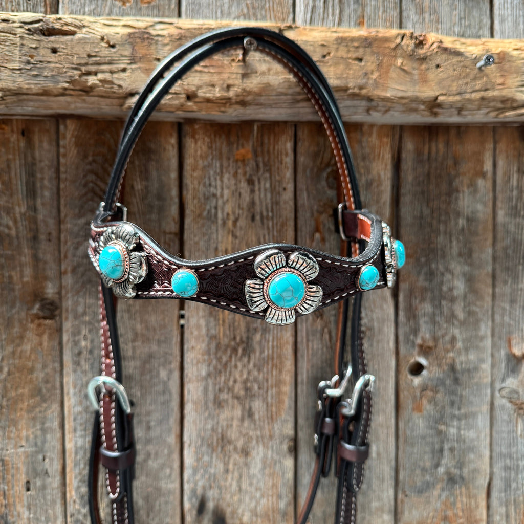 Dark Oil Basketweave Turquoise Flower Browband | One Ear Tack Set #BBBC510 — view 6