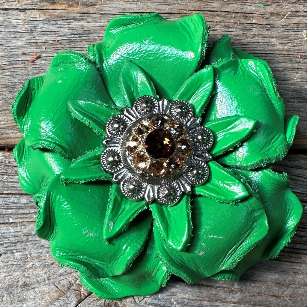Neon Green Gardenia Flower With Antique Silver Topaz & Champagne 1" Concho