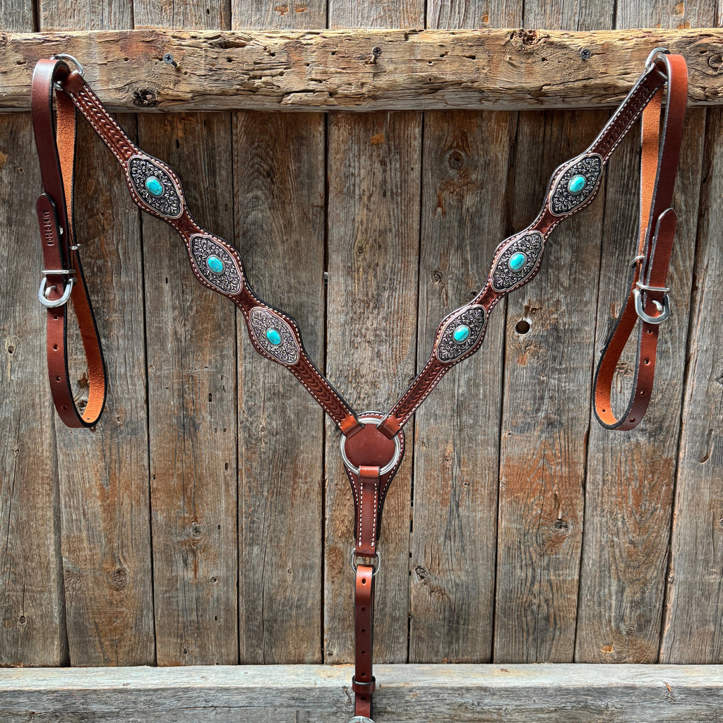 Medium Oil Basketweave Oblong Turquoise Browband | One Ear Tack Set #BBBC504 — view 5