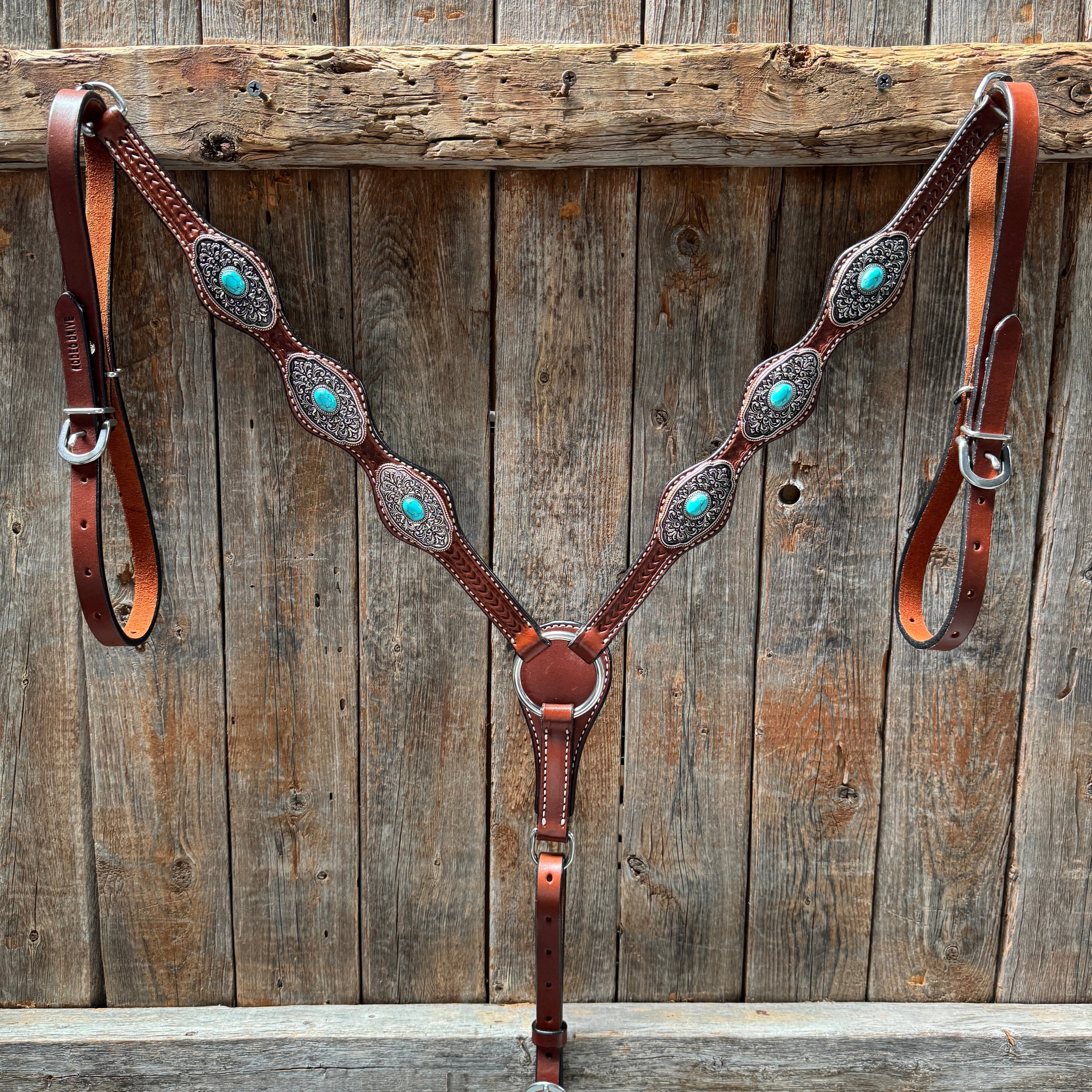Medium Oil Basketweave Oblong Turquoise Browband | One Ear Tack Set #BBBC504 — view 5
