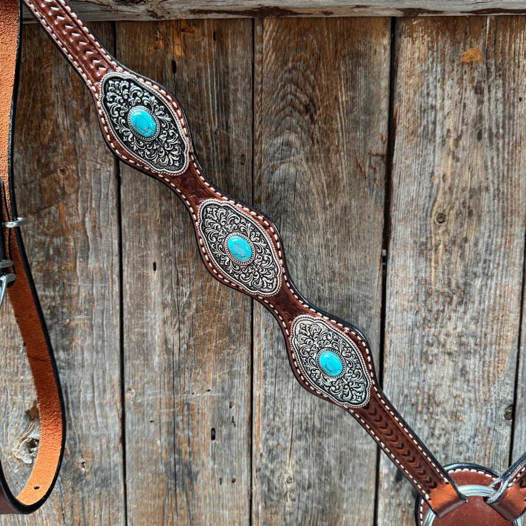 Medium Oil Basketweave Oblong Turquoise Browband | One Ear Tack Set #BBBC504 — view 9