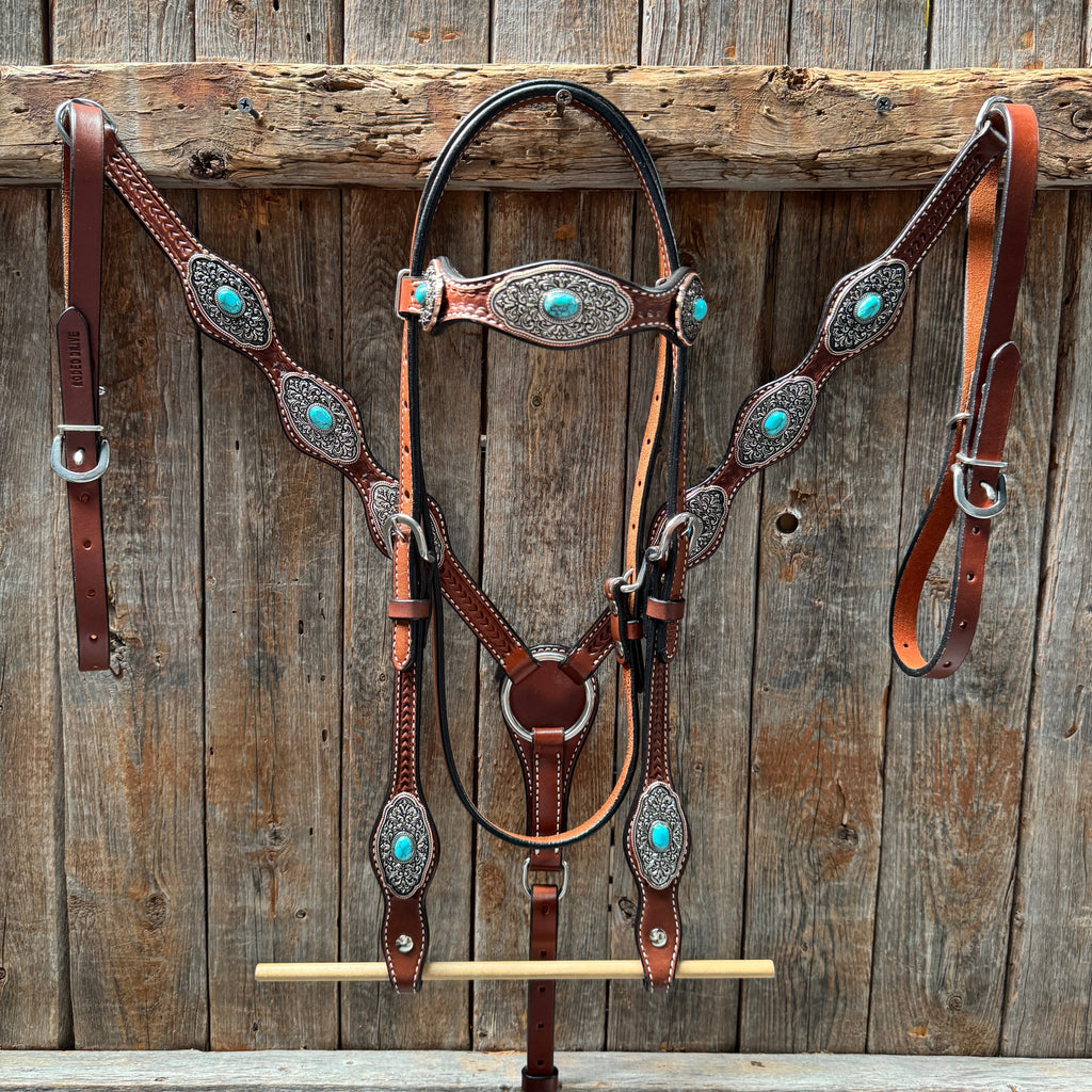 Medium Oil Basketweave Oblong Turquoise Browband | One Ear Tack Set #BBBC504