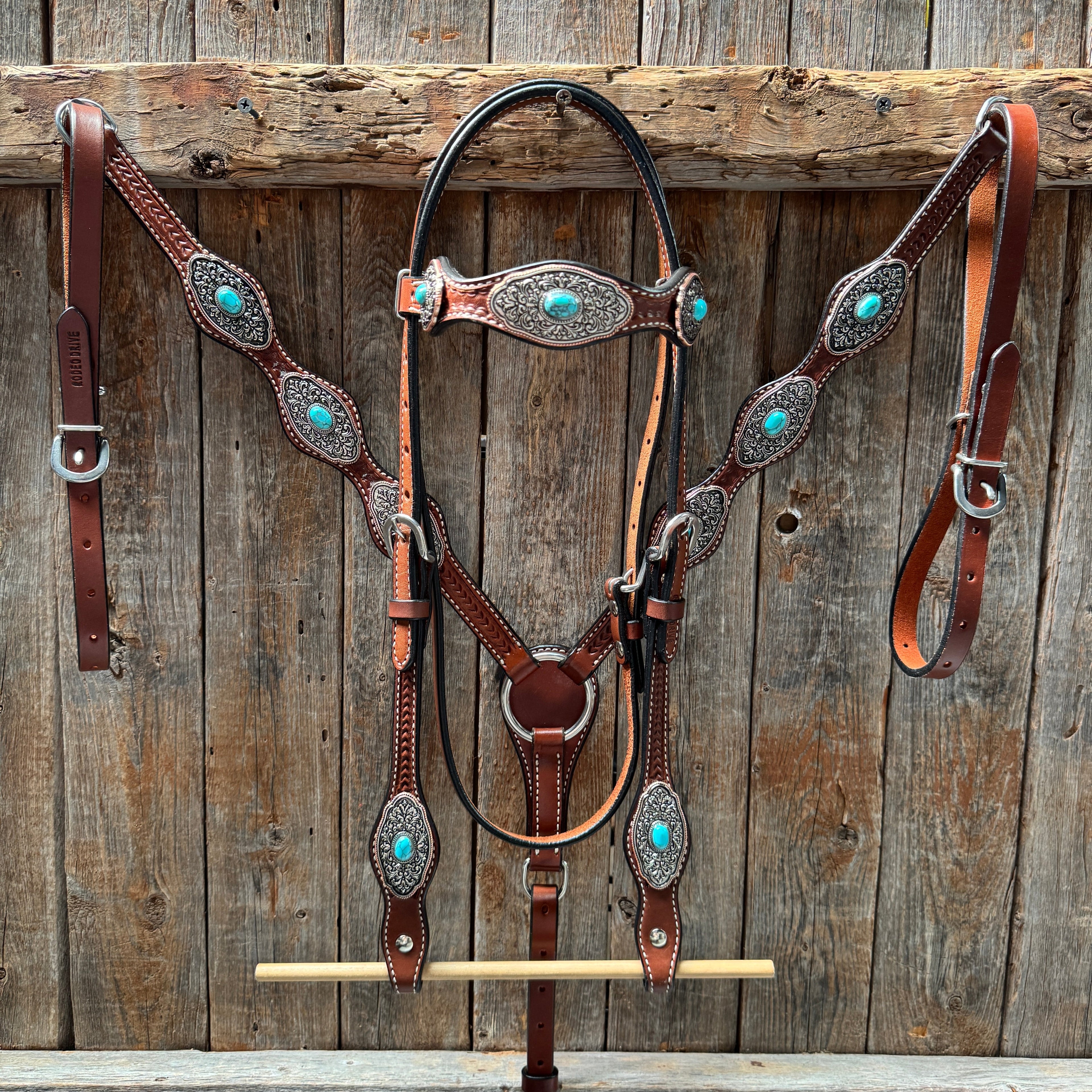 Medium Oil Basketweave Oblong Turquoise Browband | One Ear Tack Set #BBBC504