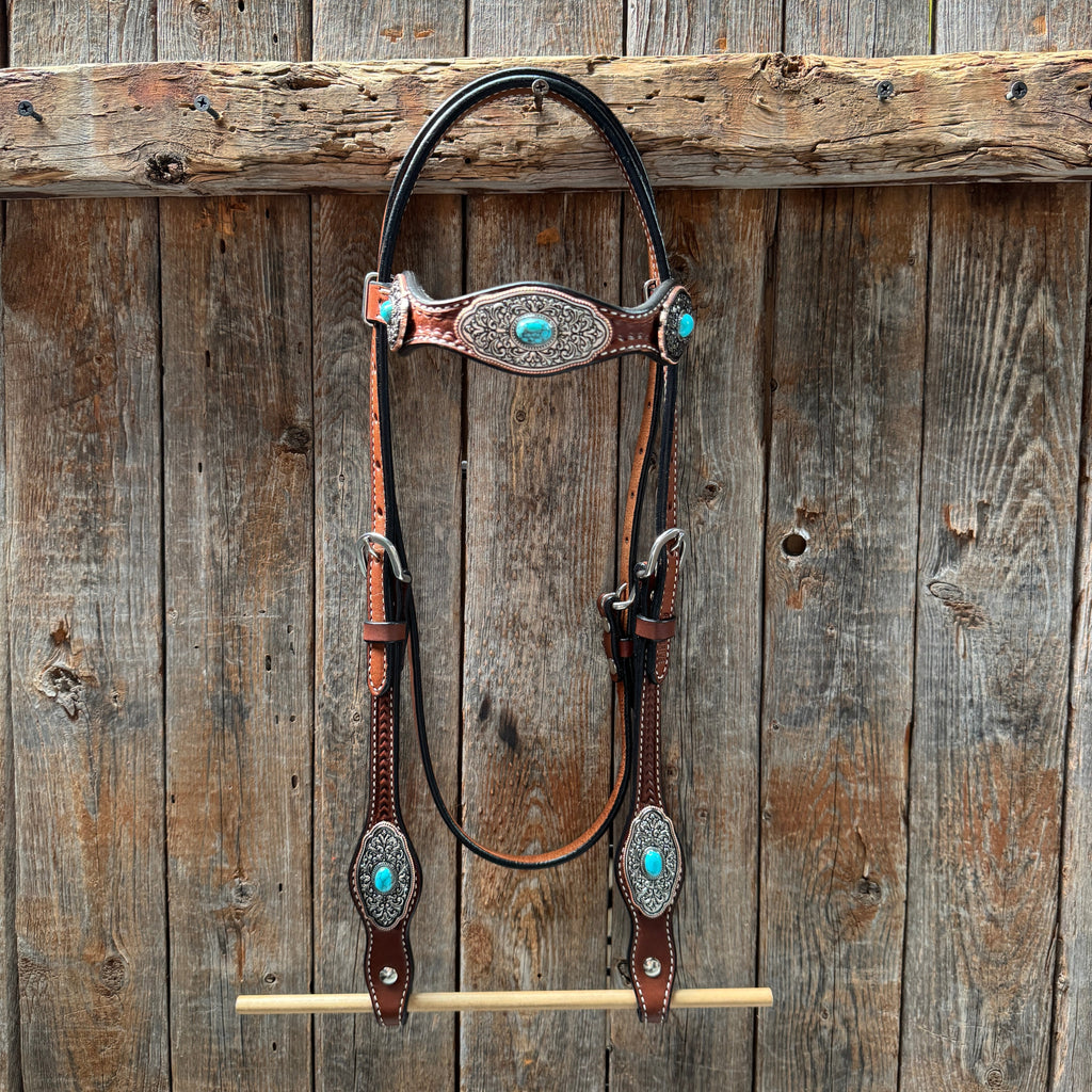 Medium Oil Basketweave Oblong Turquoise Browband | One Ear Tack Set #BBBC504 — view 3