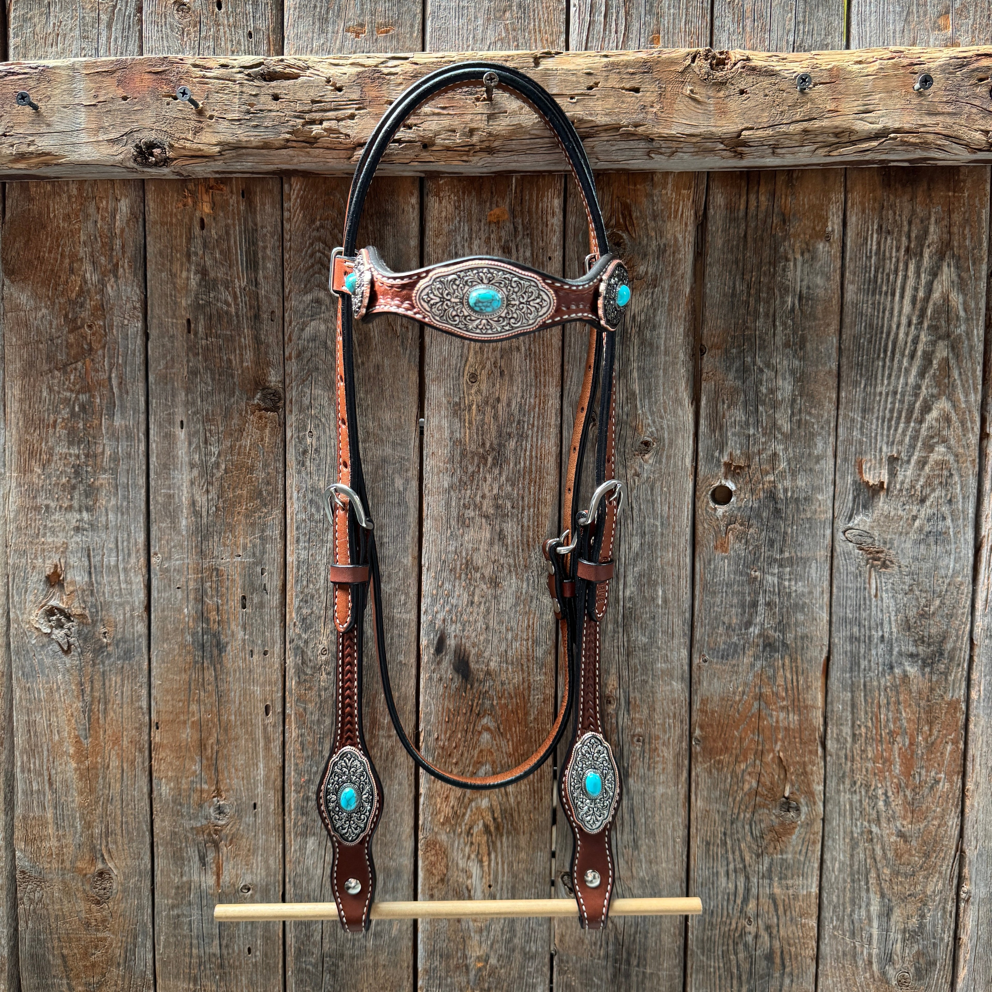 Medium Oil Basketweave Oblong Turquoise Browband | One Ear Tack Set #BBBC504 — view 3