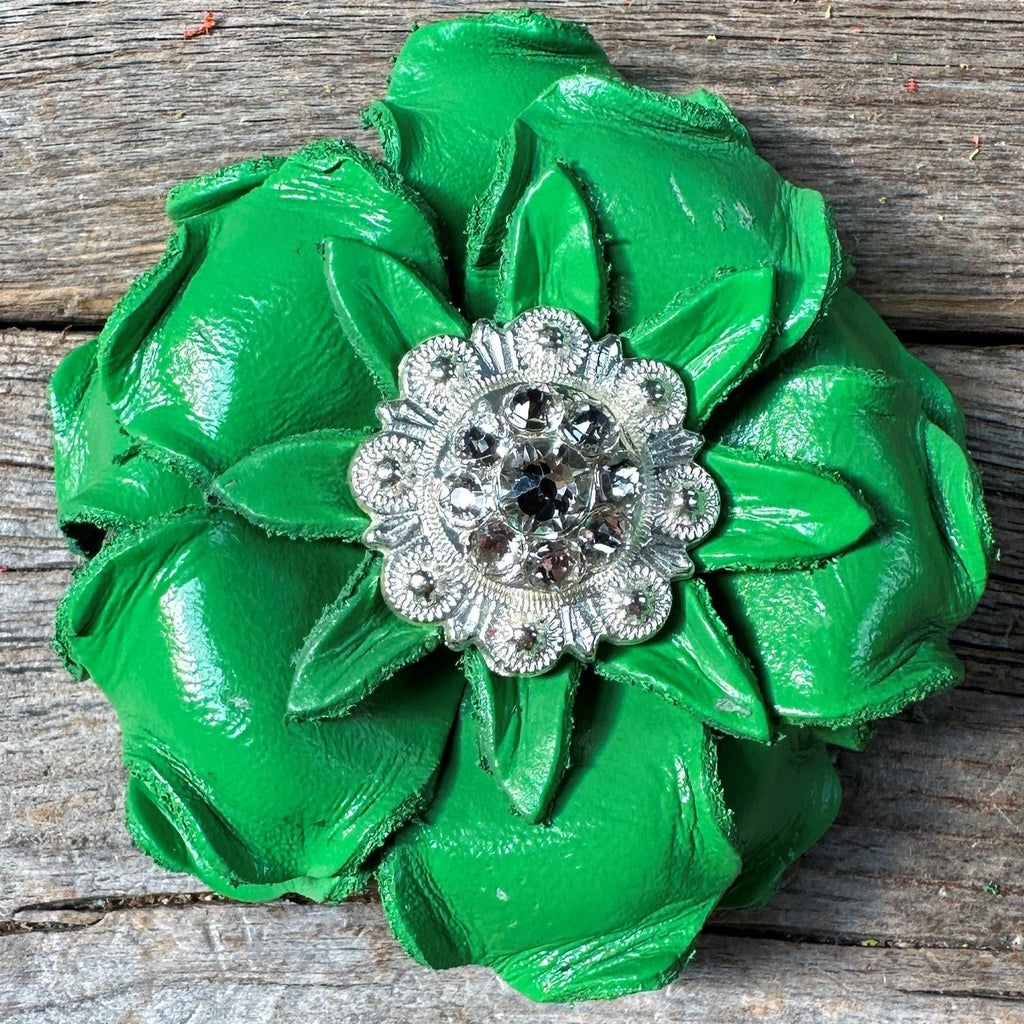 Neon Green Gardenia Flower With Bright Silver Clear 1" Concho