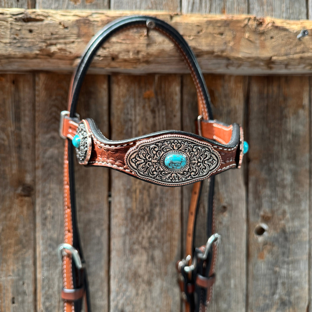 Medium Oil Basketweave Oblong Turquoise Browband | One Ear Tack Set #BBBC504 — view 6