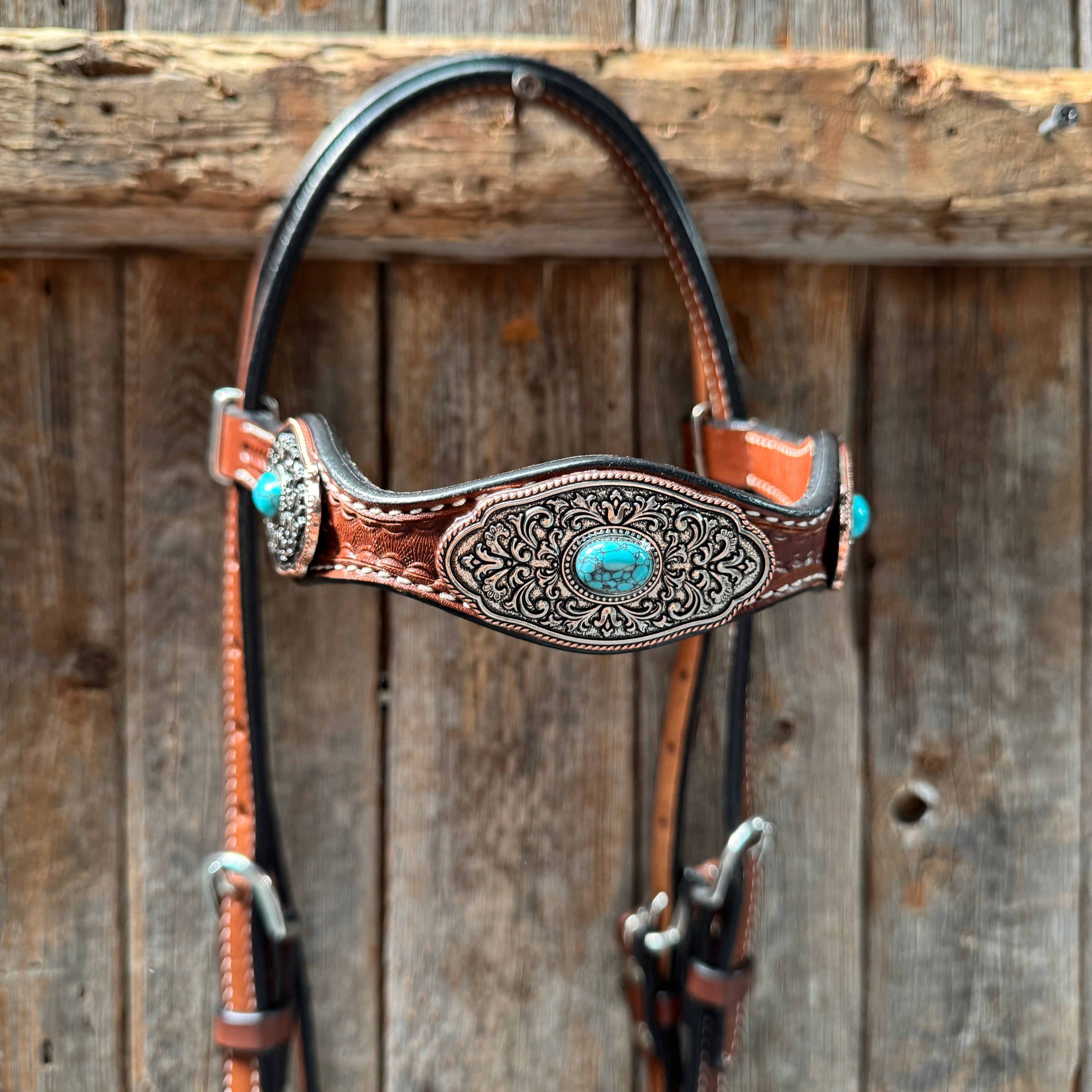 Medium Oil Basketweave Oblong Turquoise Browband | One Ear Tack Set #BBBC504 — view 6