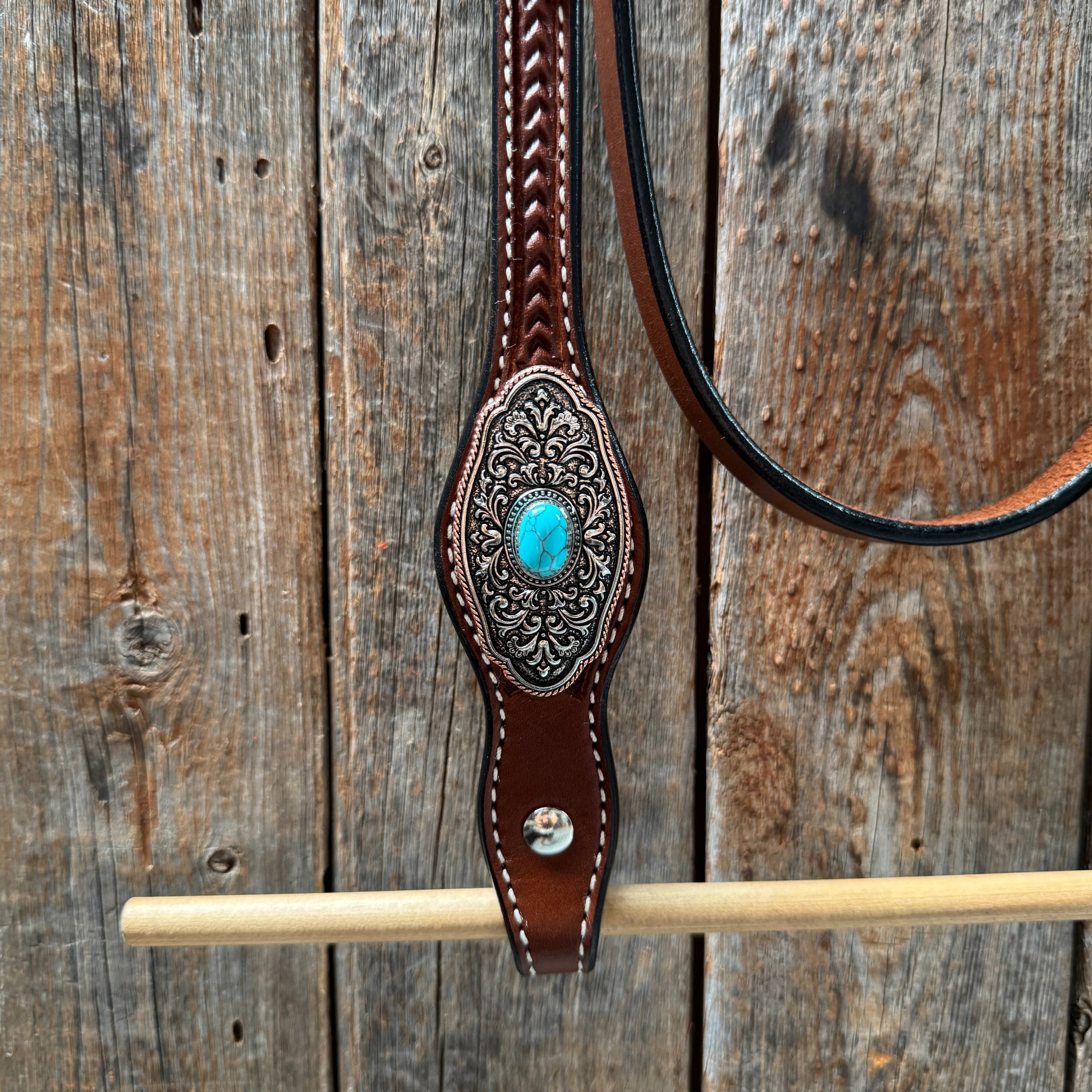 Medium Oil Basketweave Oblong Turquoise Browband | One Ear Tack Set #BBBC504 — view 8