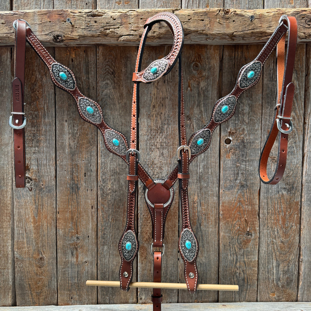 Medium Oil Basketweave Oblong Turquoise Browband | One Ear Tack Set #BBBC504 — view 2